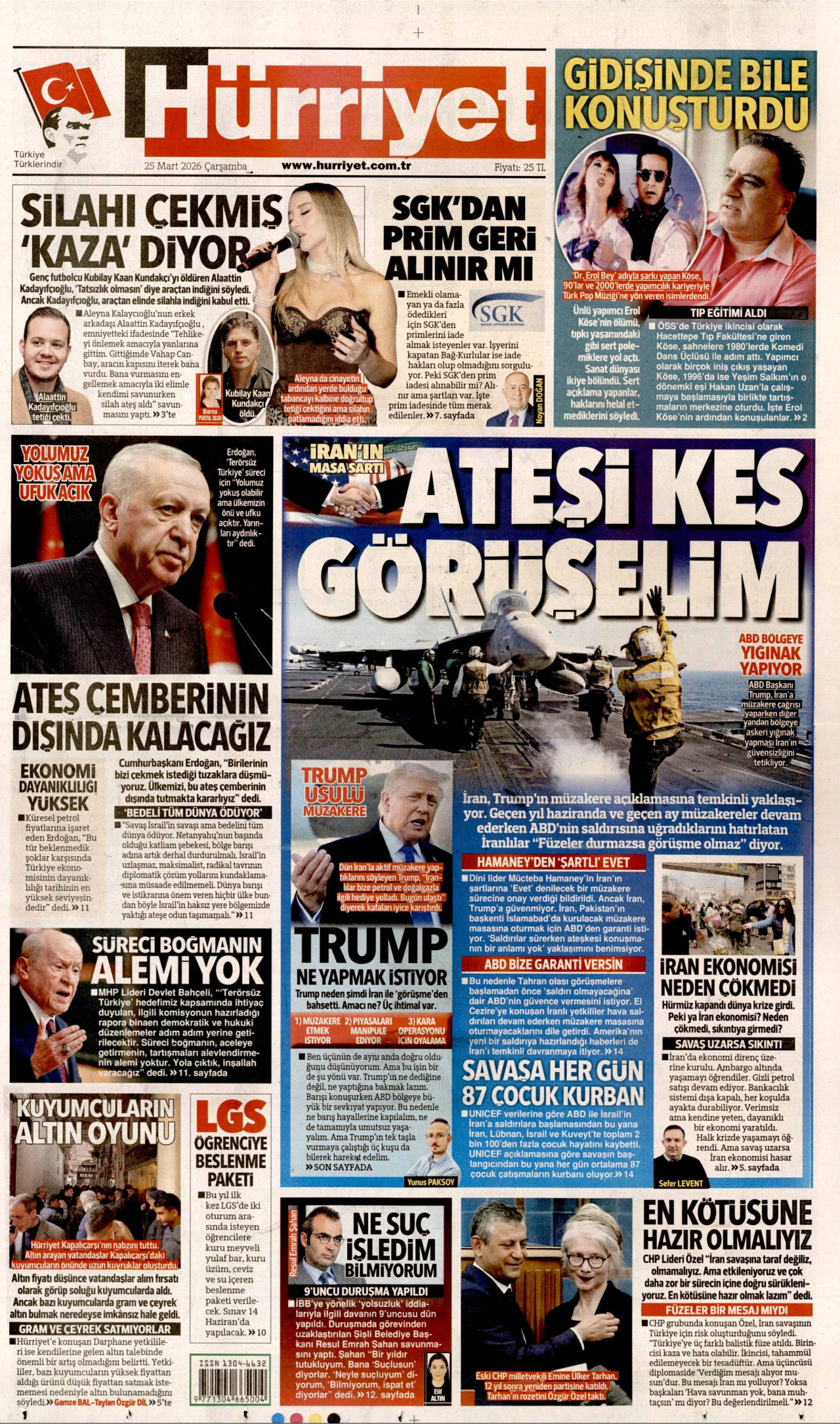 HÜRRİYET gazetesinin 25 Mart 2026 tarihli birinci sayfası