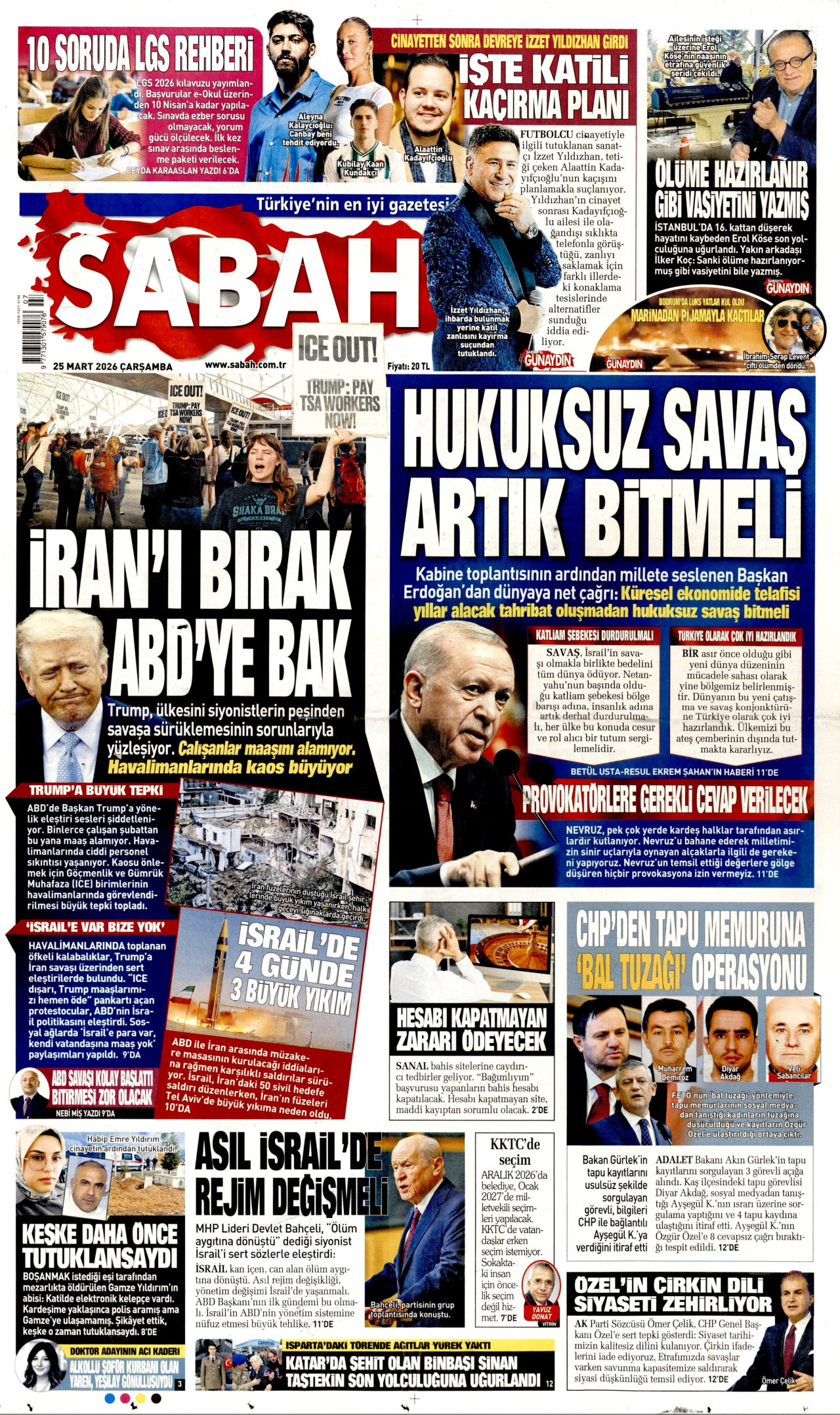SABAH gazetesinin 25 Mart 2026 tarihli birinci sayfası