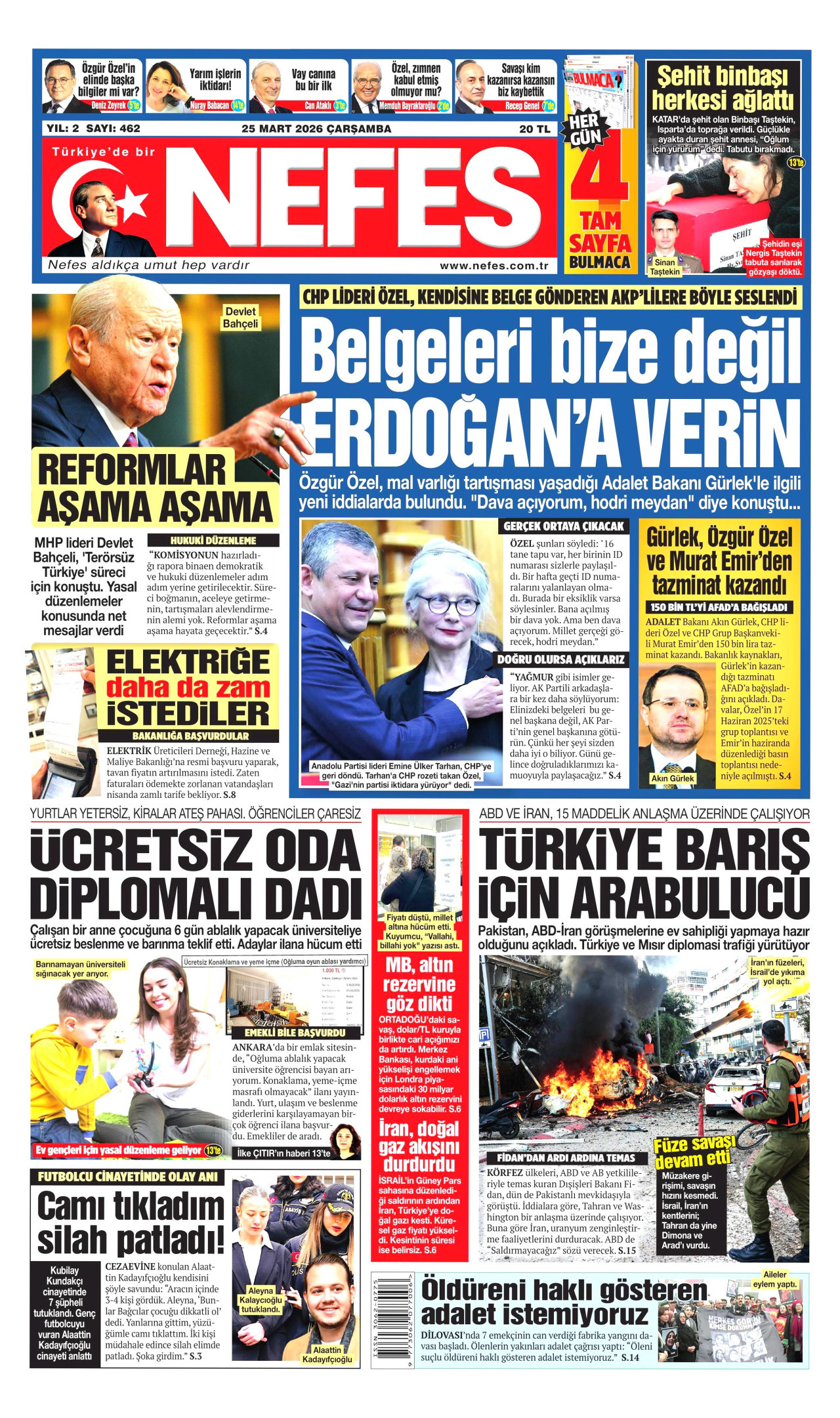 NEFES gazetesinin 25 Mart 2026 tarihli birinci sayfası