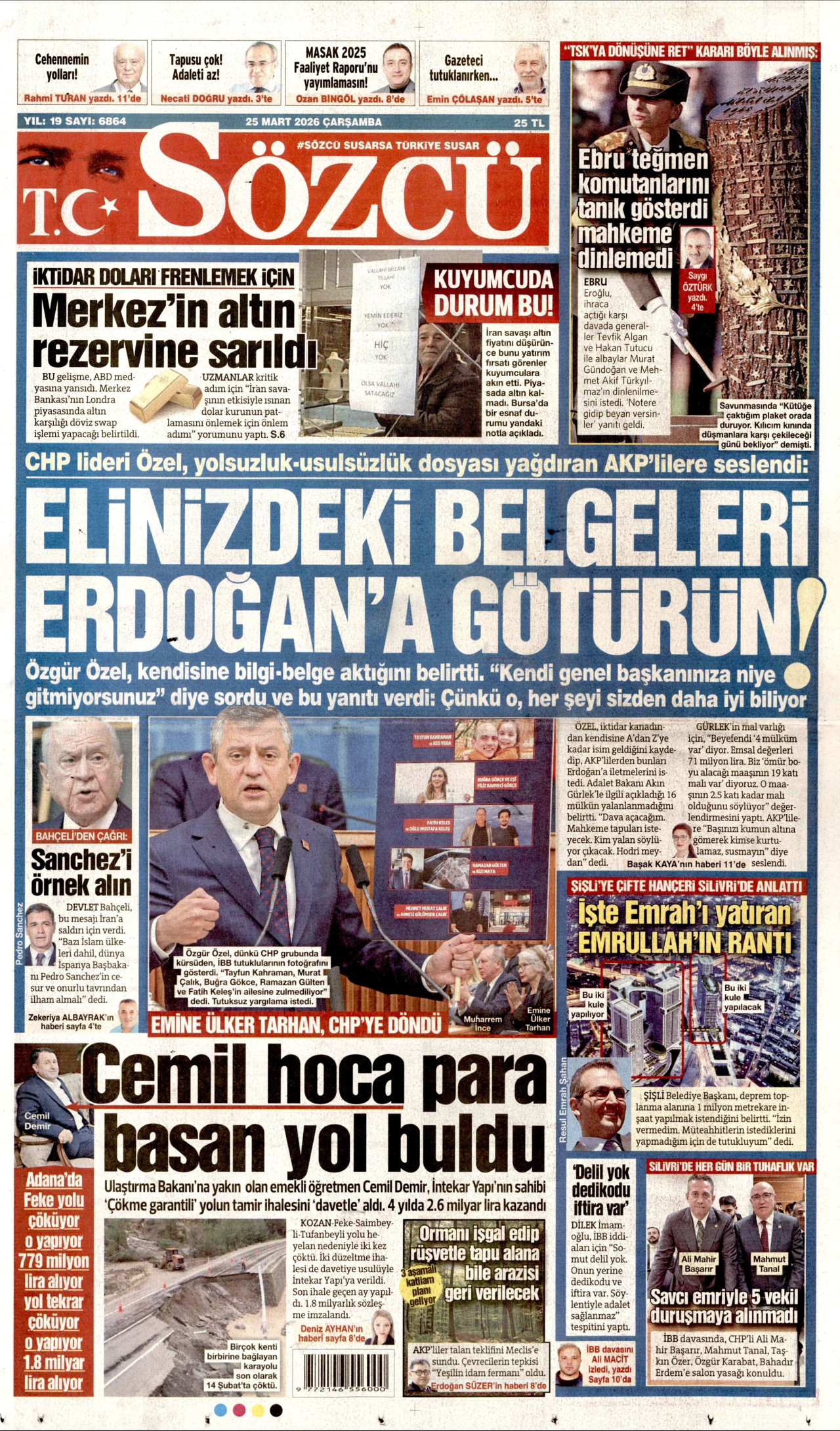 SÖZCÜ gazetesinin 25 Mart 2026 tarihli birinci sayfası