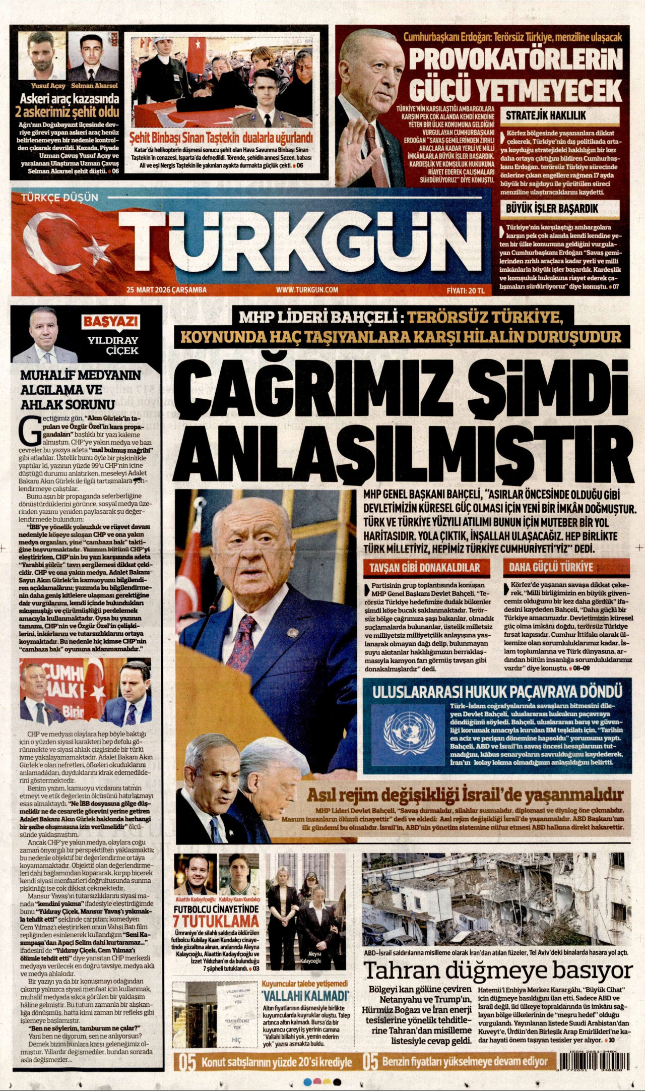 TÜRKGÜN gazetesinin 25 Mart 2026 tarihli birinci sayfası