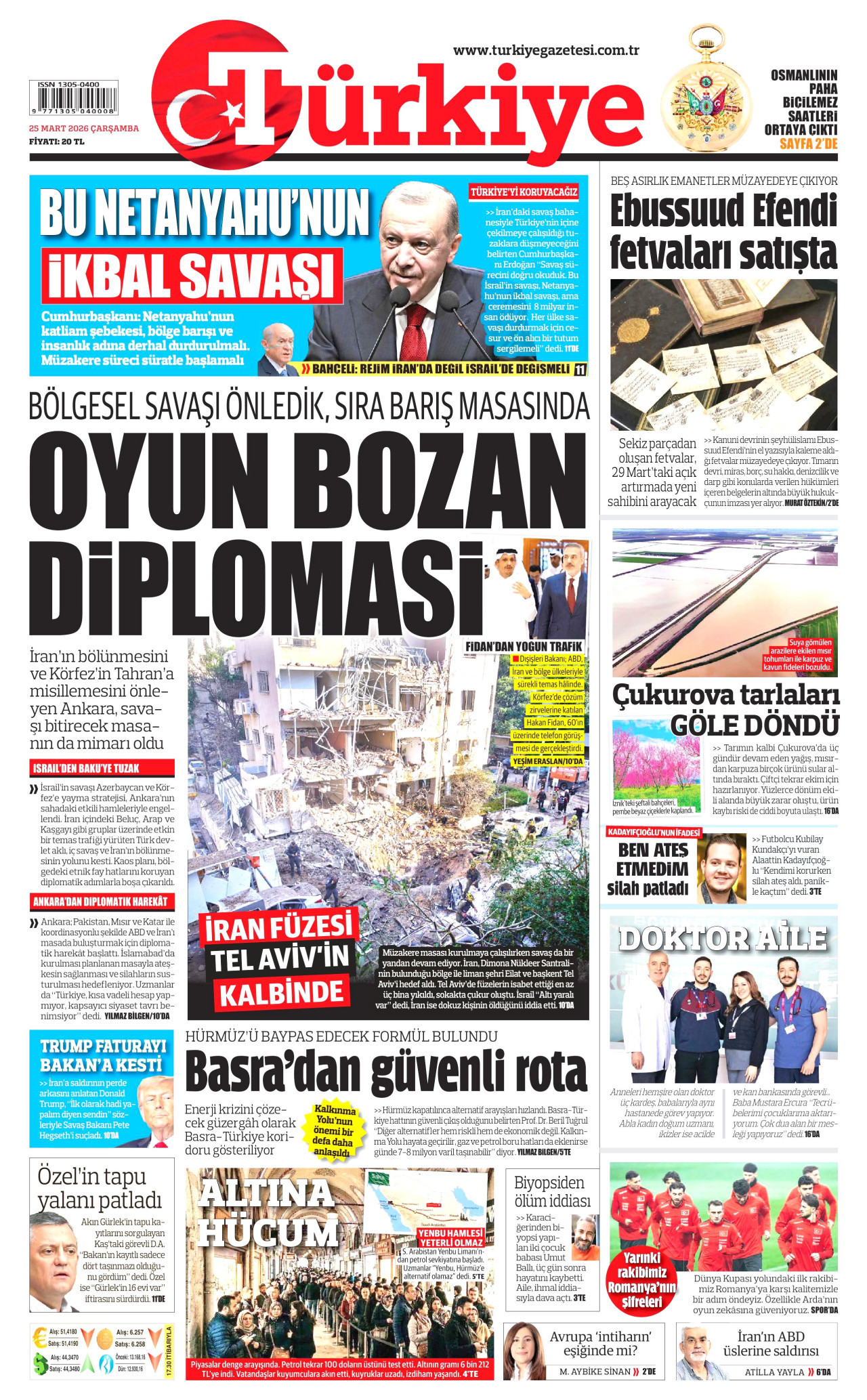TÜRKİYE GAZETESİ gazetesinin 25 Mart 2026 tarihli birinci sayfası