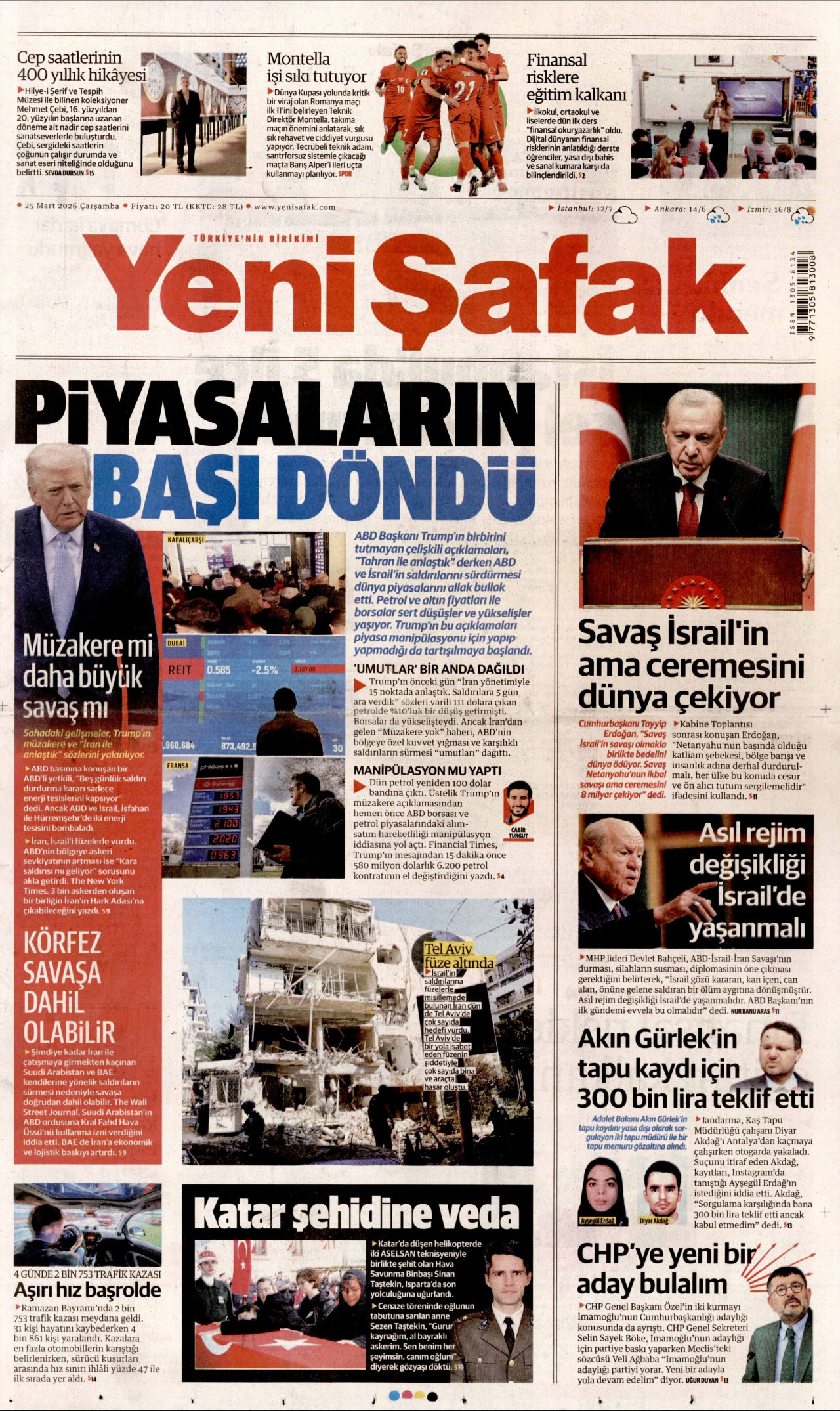 YENİ ŞAFAK gazetesinin 25 Mart 2026 tarihli birinci sayfası
