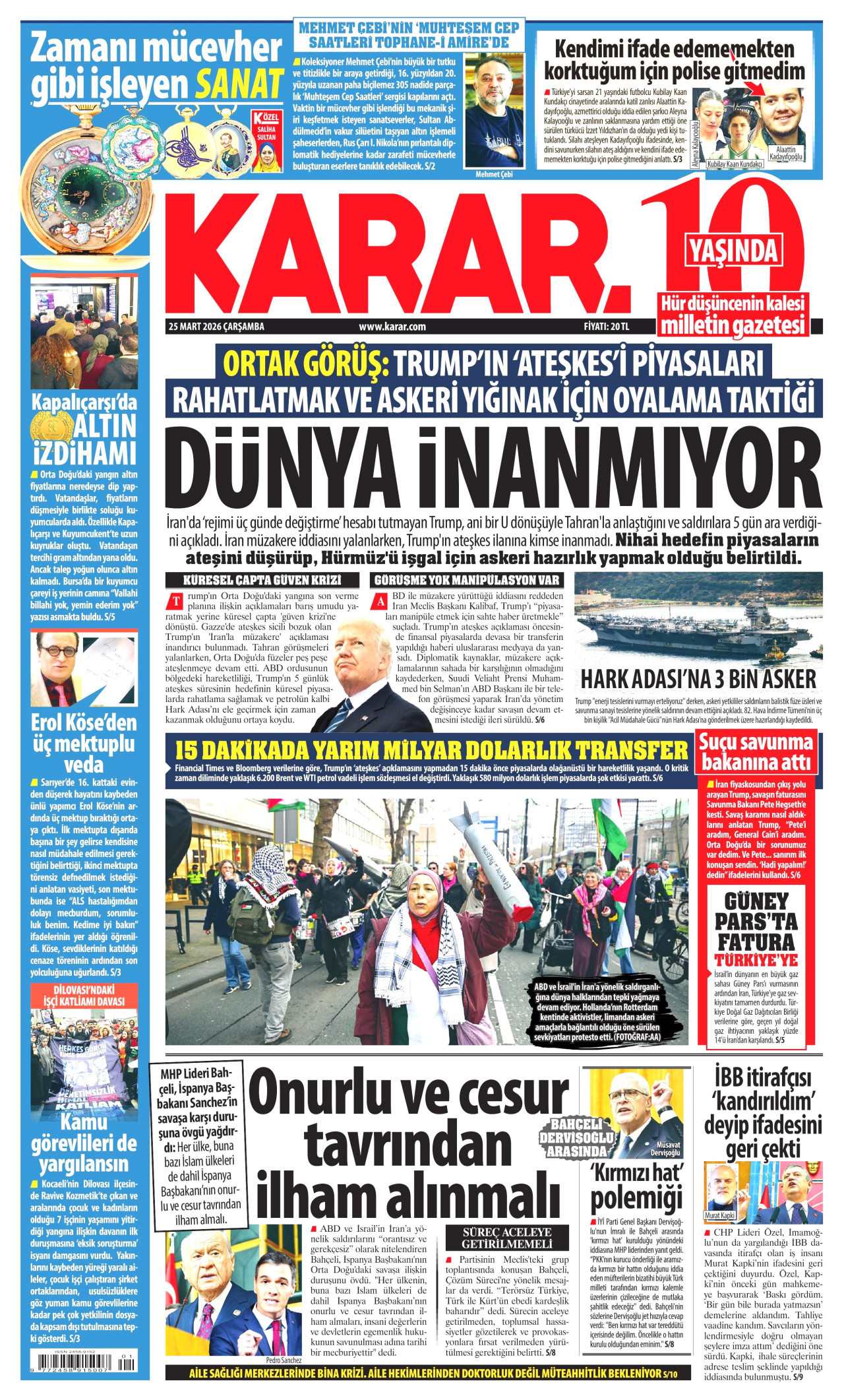 KARAR gazetesinin 25 Mart 2026 tarihli birinci sayfası