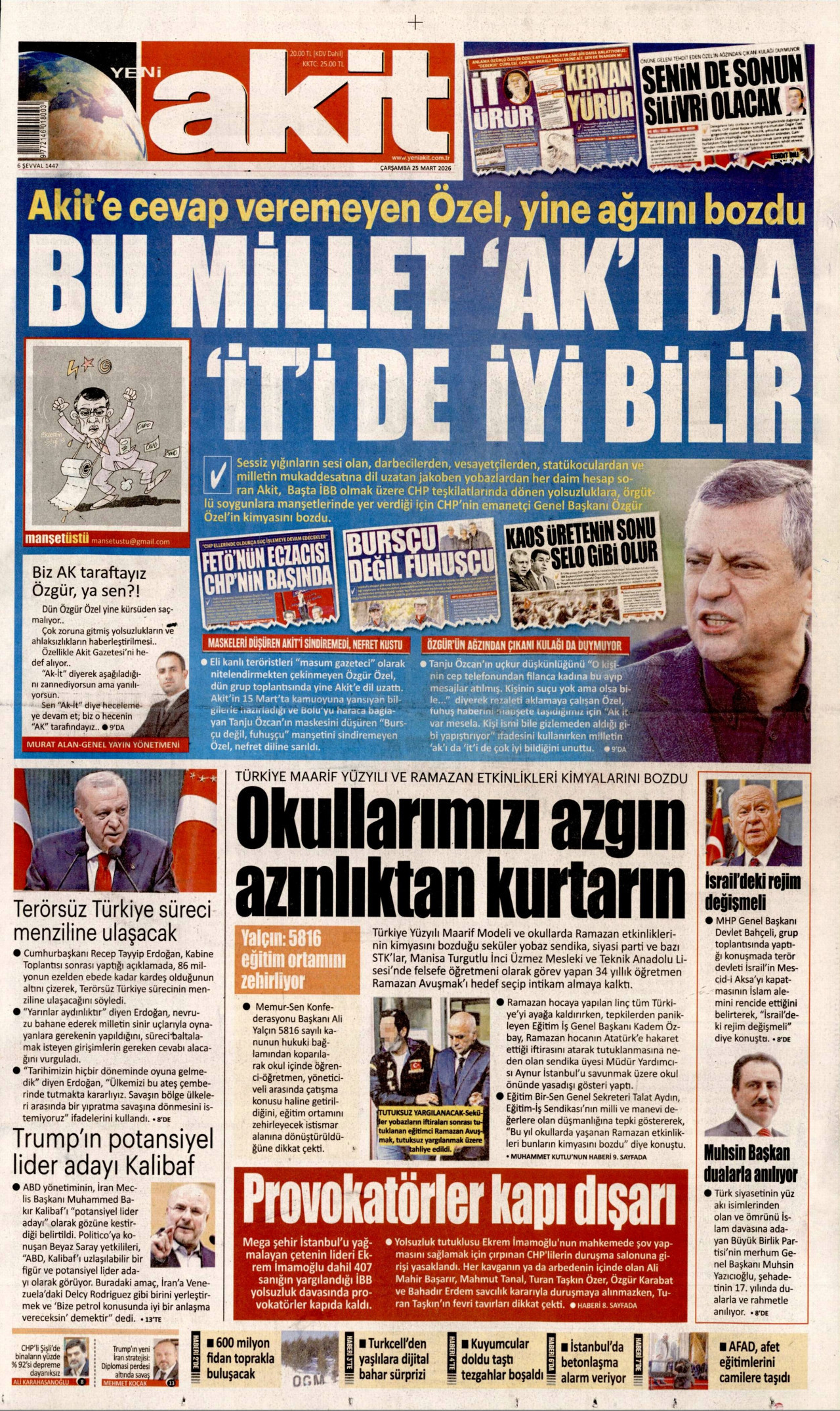 YENİ AKİT gazetesinin 25 Mart 2026 tarihli birinci sayfası