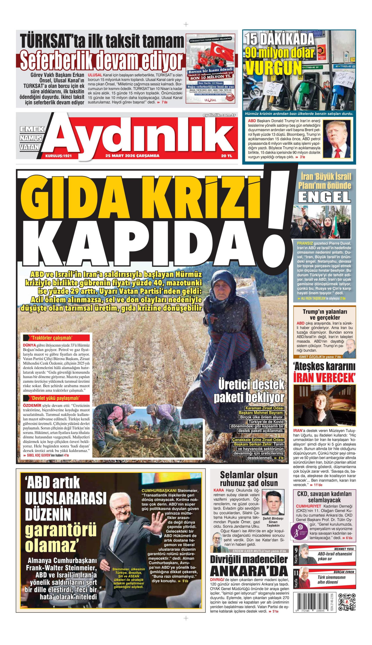 AYDINLIK GAZETESİ gazetesinin 25 Mart 2026 tarihli birinci sayfası