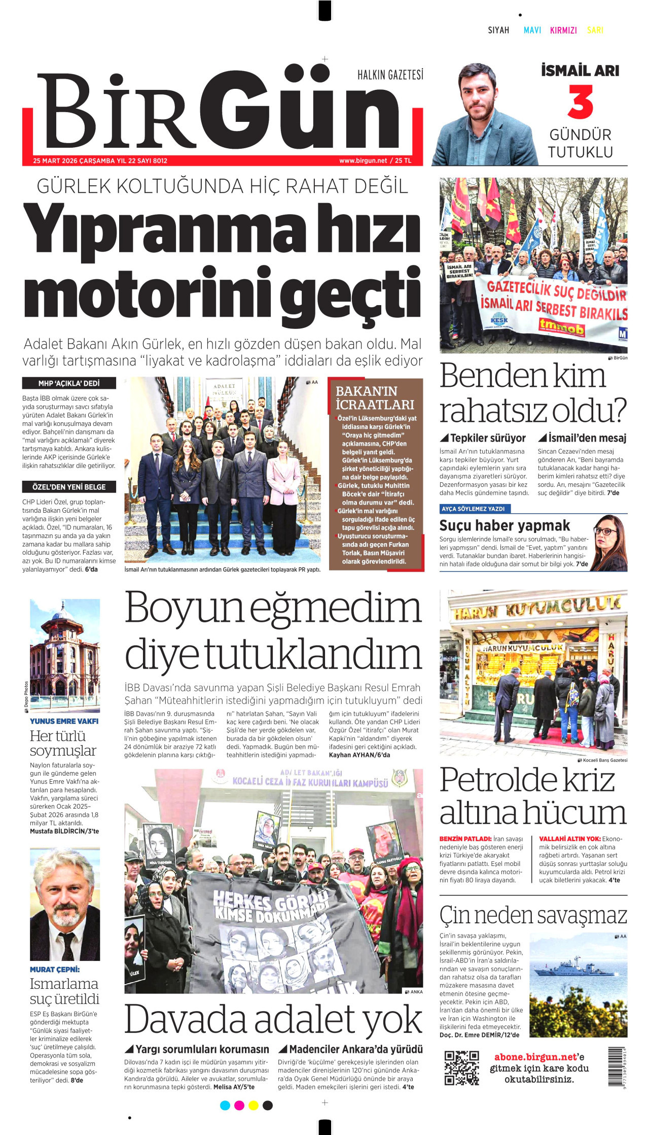 BİRGÜN gazetesinin 25 Mart 2026 tarihli birinci sayfası