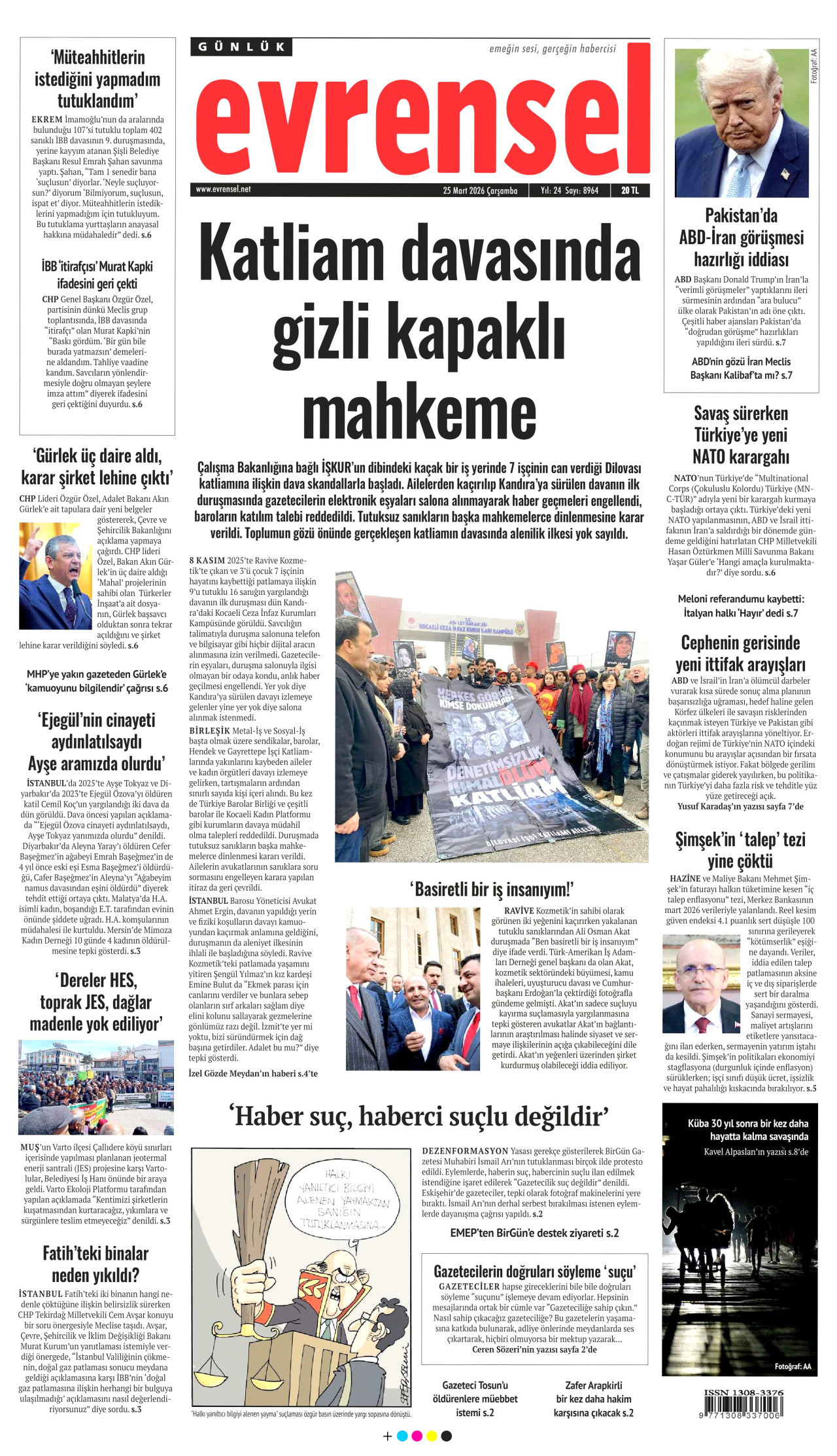 EVRENSEL gazetesinin 25 Mart 2026 tarihli birinci sayfası