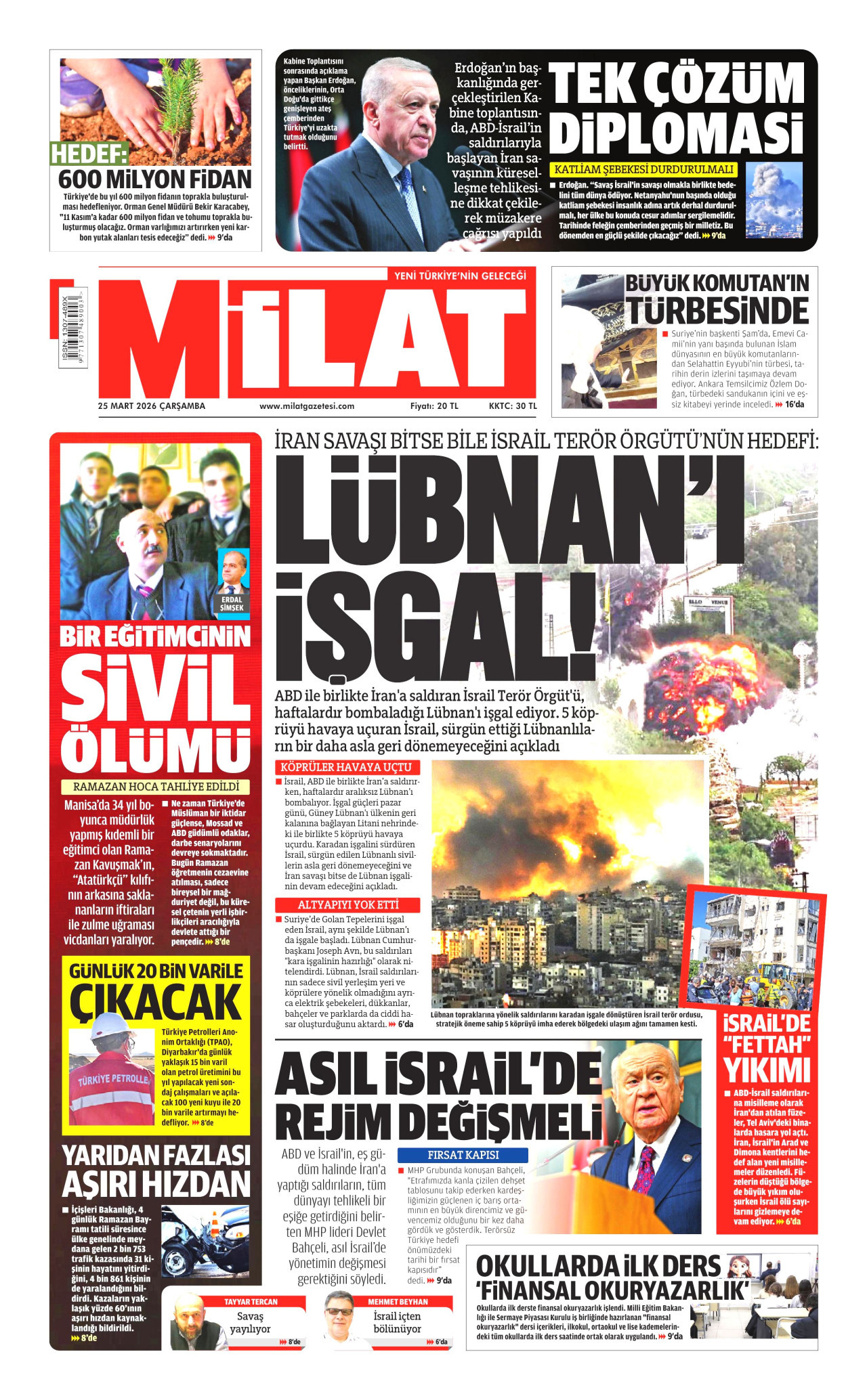 MİLAT gazetesinin 25 Mart 2026 tarihli birinci sayfası