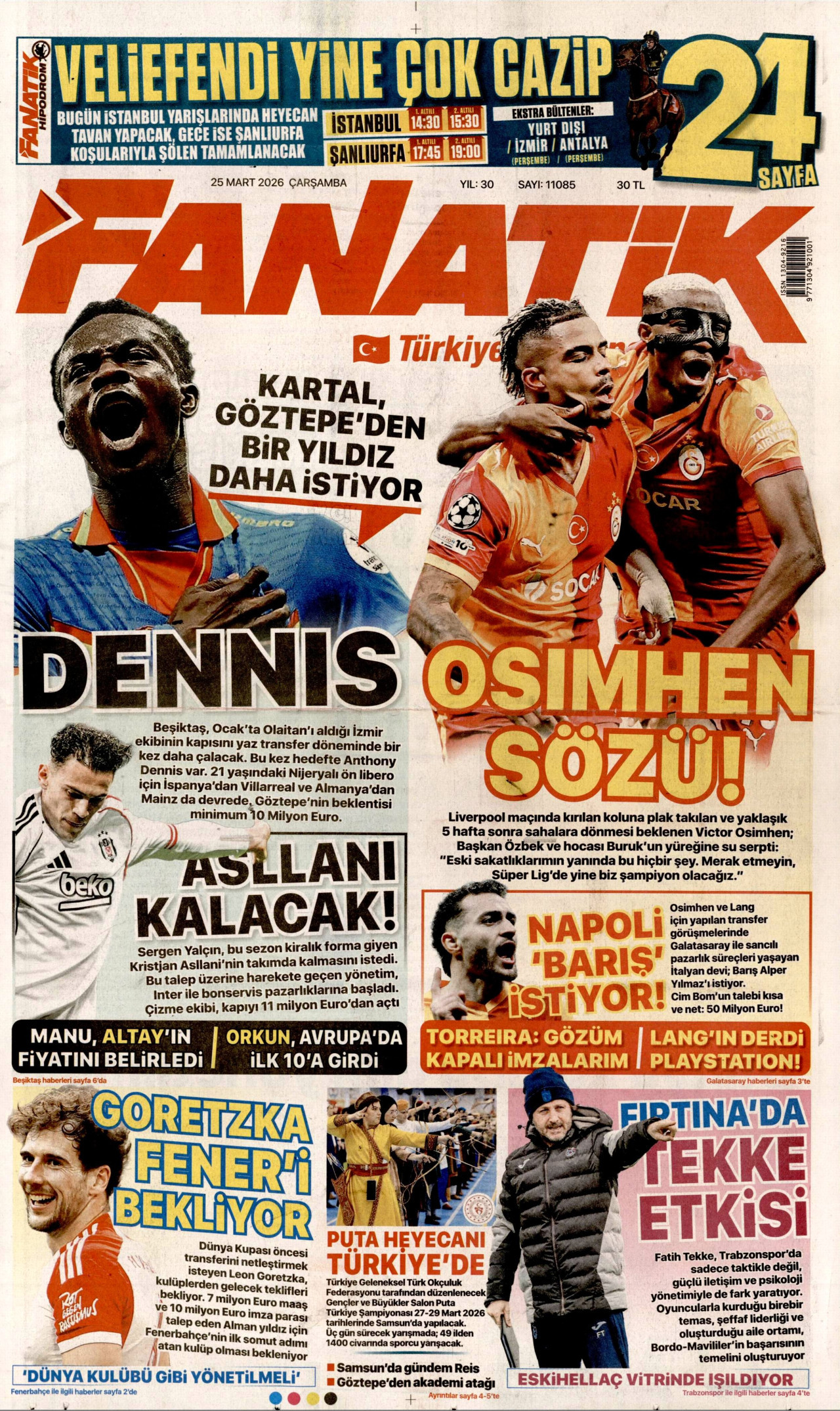 FANATİK gazetesinin 25 Mart 2026 tarihli birinci sayfası