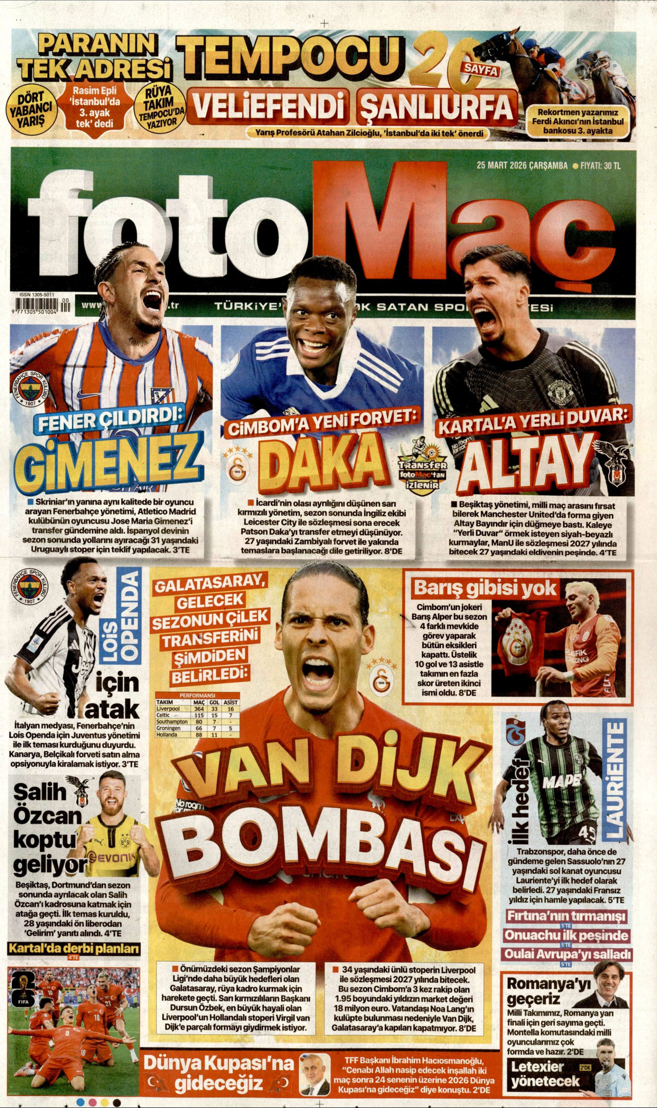 FOTOMAÇ gazetesinin 25 Mart 2026 tarihli birinci sayfası