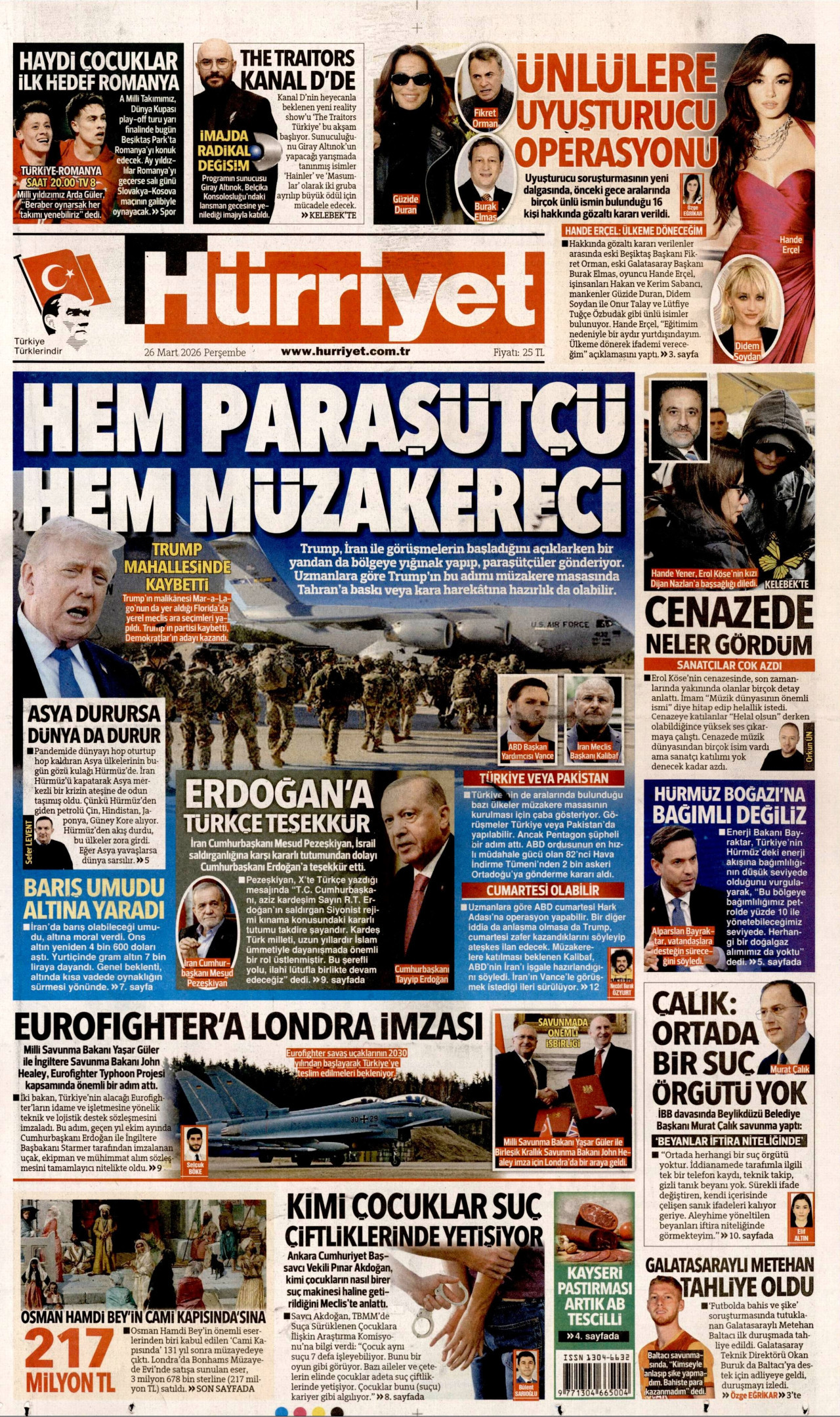 HÜRRİYET gazetesinin 26 Mart 2026 tarihli birinci sayfası