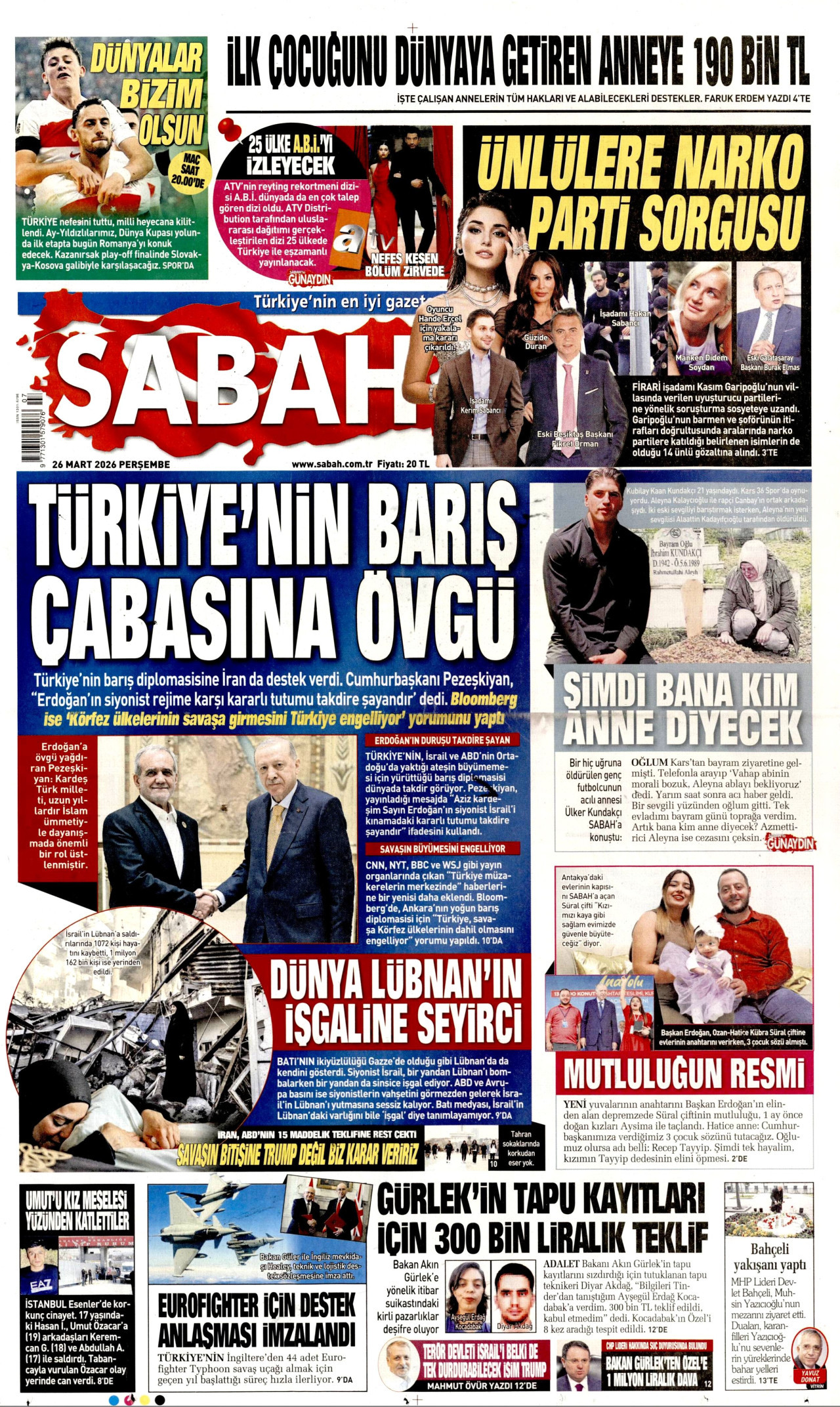 SABAH gazetesinin 26 Mart 2026 tarihli birinci sayfası