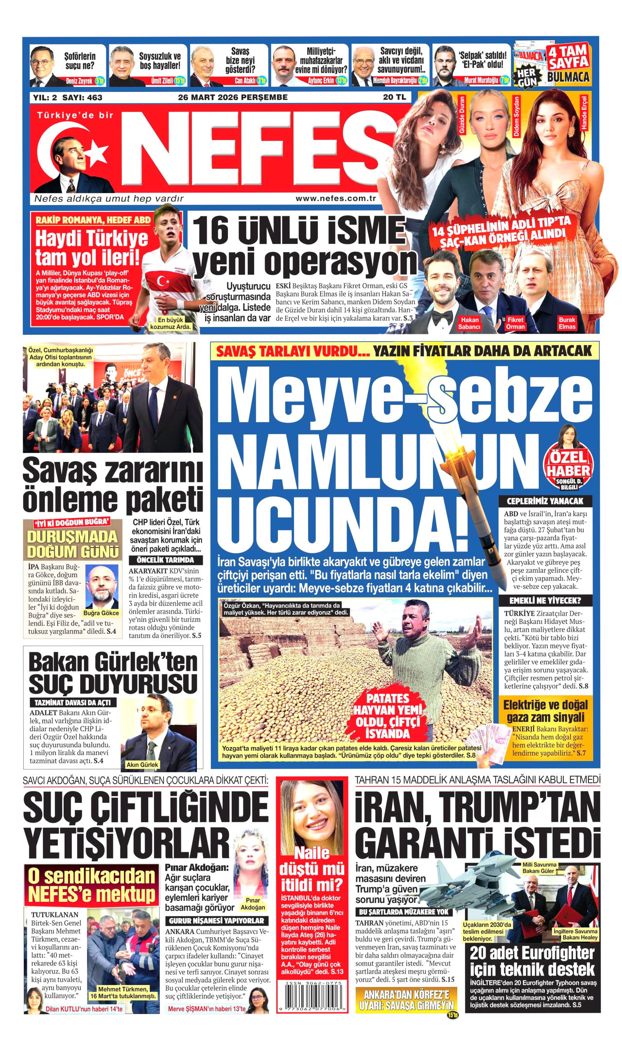 NEFES gazetesinin 26 Mart 2026 tarihli birinci sayfası