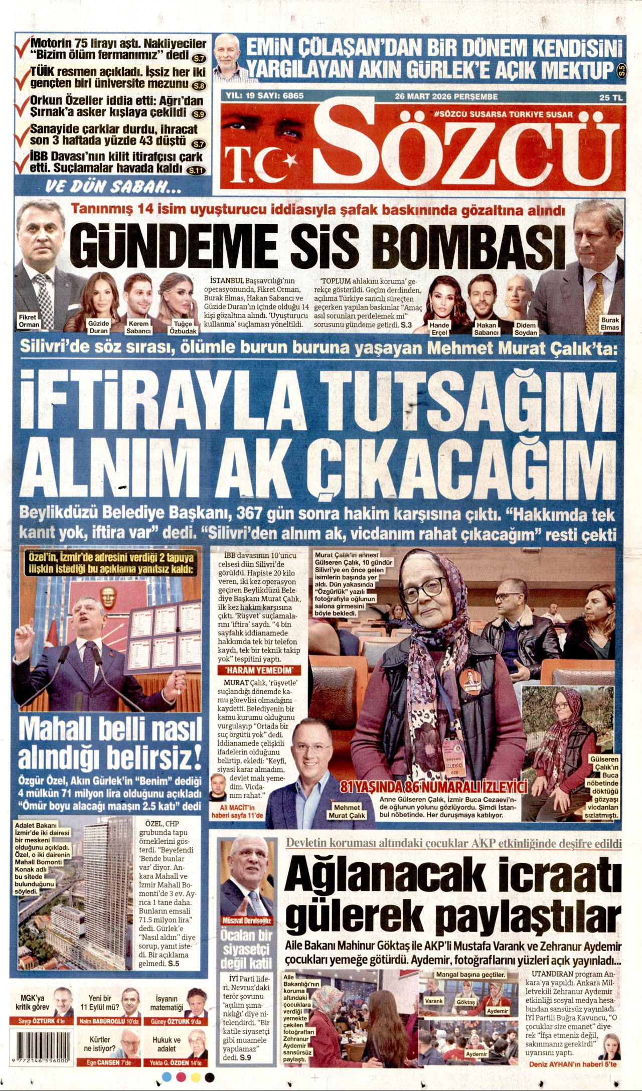 SÖZCÜ gazetesinin 26 Mart 2026 tarihli birinci sayfası