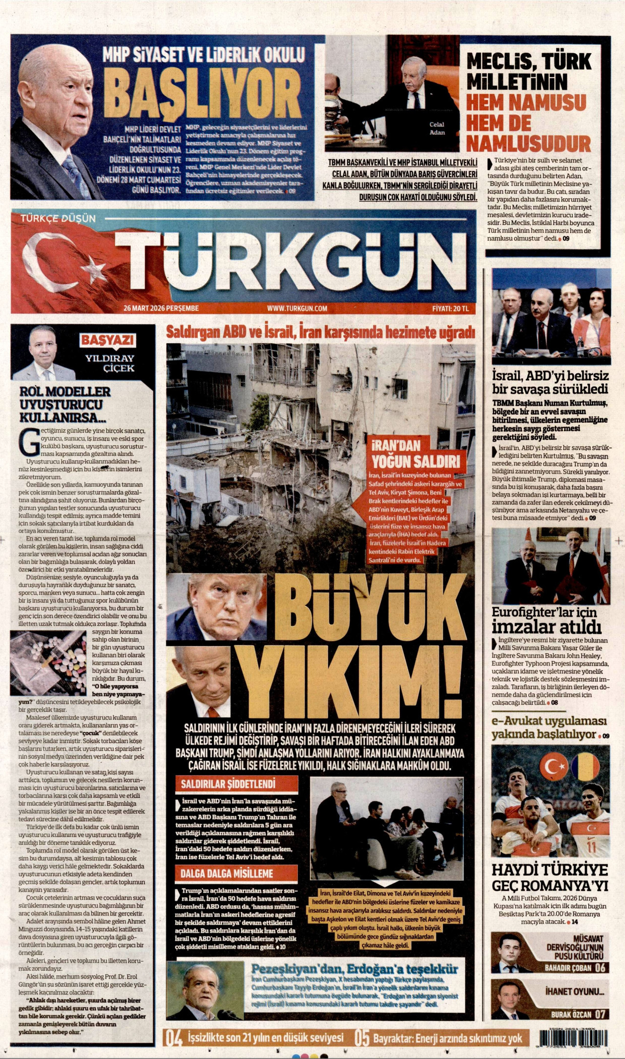 TÜRKGÜN gazetesinin 26 Mart 2026 tarihli birinci sayfası