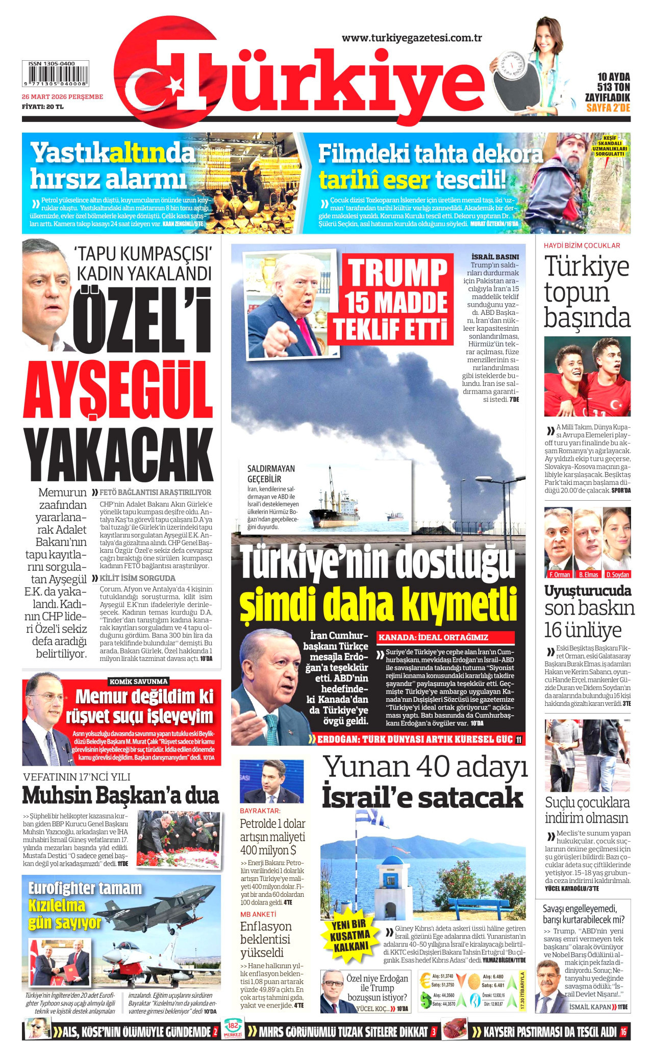 TÜRKİYE GAZETESİ gazetesinin 26 Mart 2026 tarihli birinci sayfası