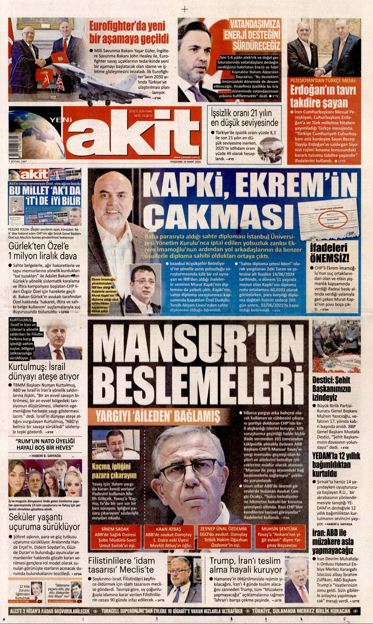 YENİ AKİT gazetesinin 26 Mart 2026 tarihli birinci sayfası