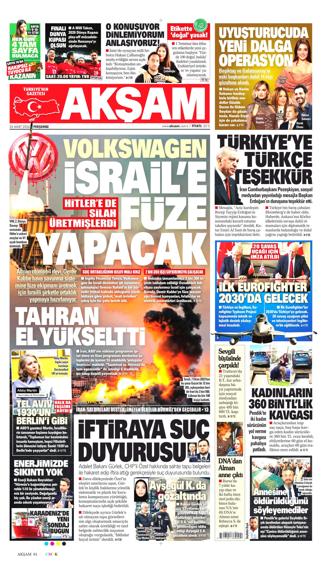AKŞAM gazetesinin 26 Mart 2026 tarihli birinci sayfası