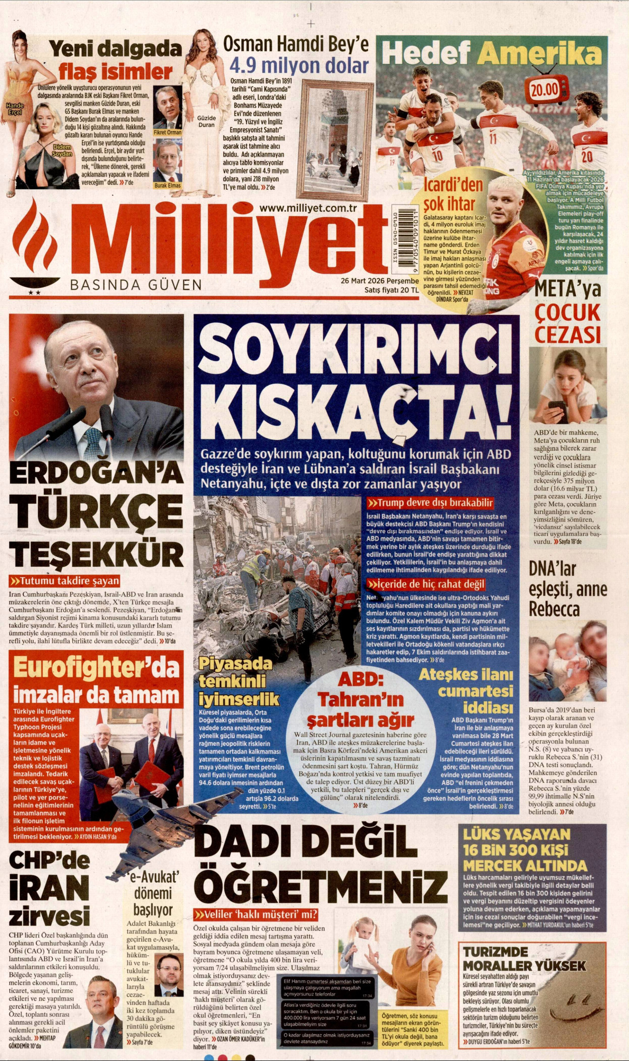 MİLLİYET gazetesinin 26 Mart 2026 tarihli birinci sayfası