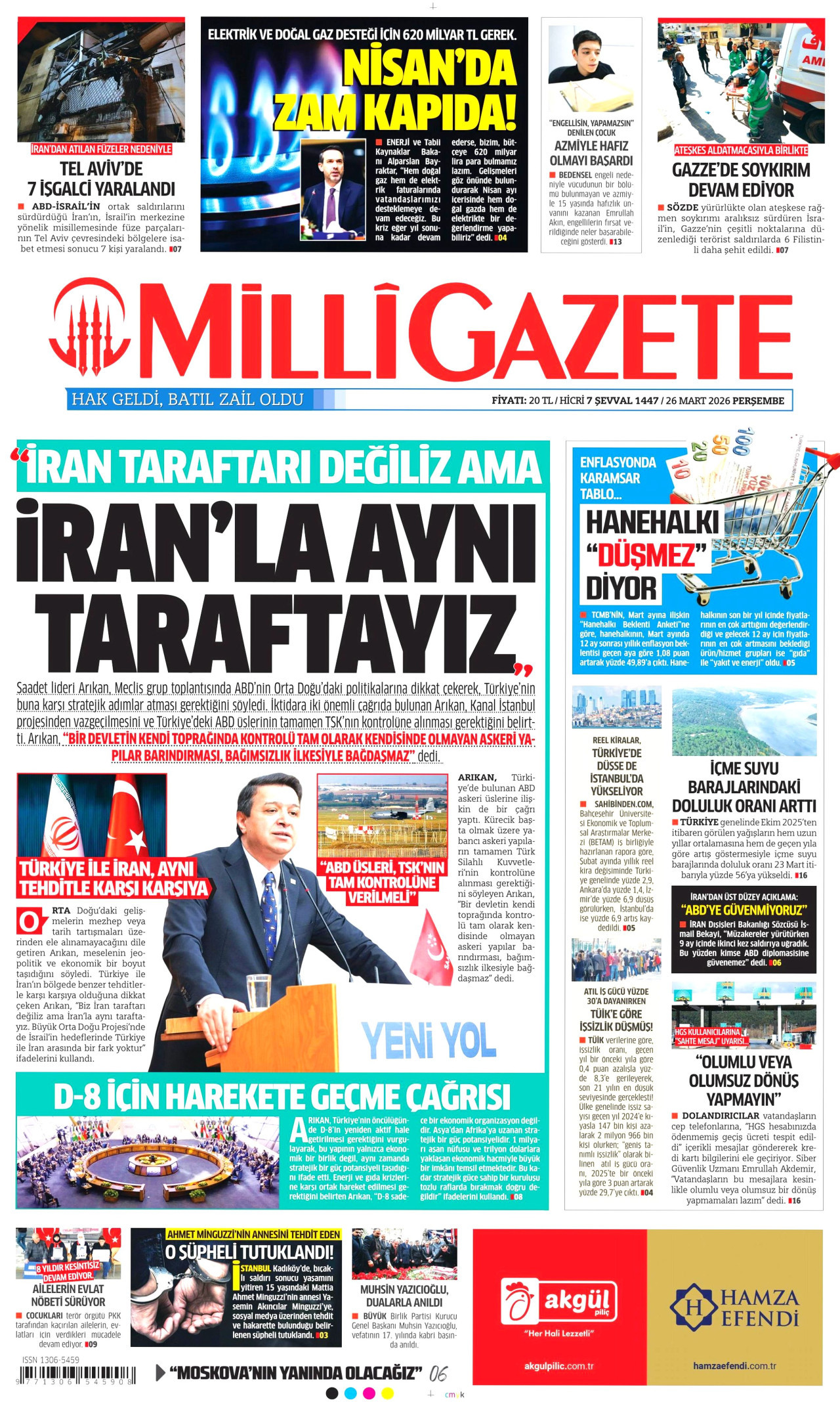 MİLLİ GAZETE gazetesinin 26 Mart 2026 tarihli birinci sayfası