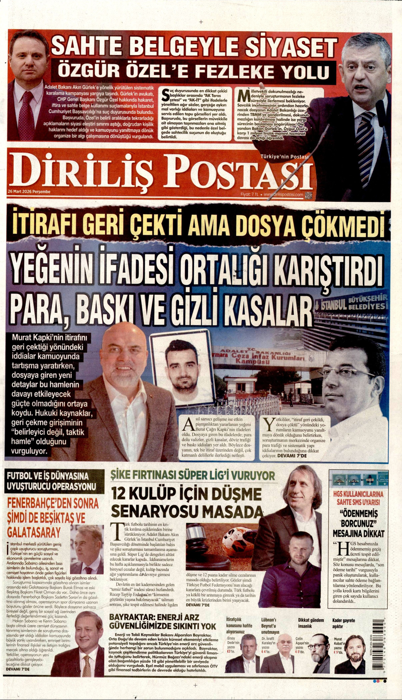 DİRİLİŞ POSTASI gazetesinin 26 Mart 2026 tarihli birinci sayfası