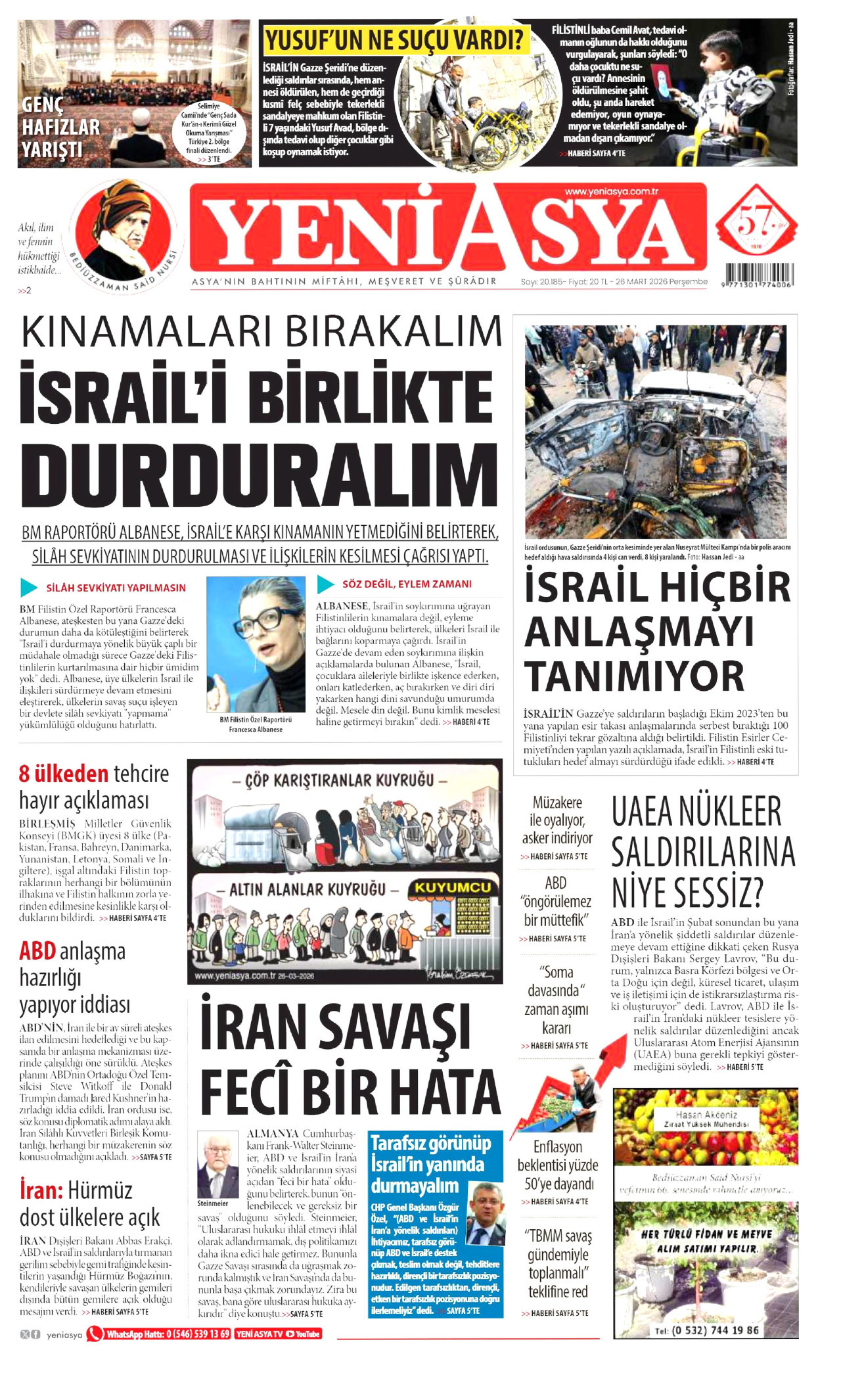YENİ ASYA gazetesinin 26 Mart 2026 tarihli birinci sayfası