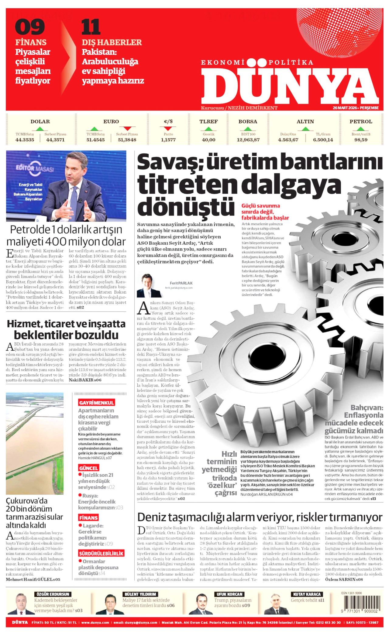 DÜNYA gazetesinin 26 Mart 2026 tarihli birinci sayfası