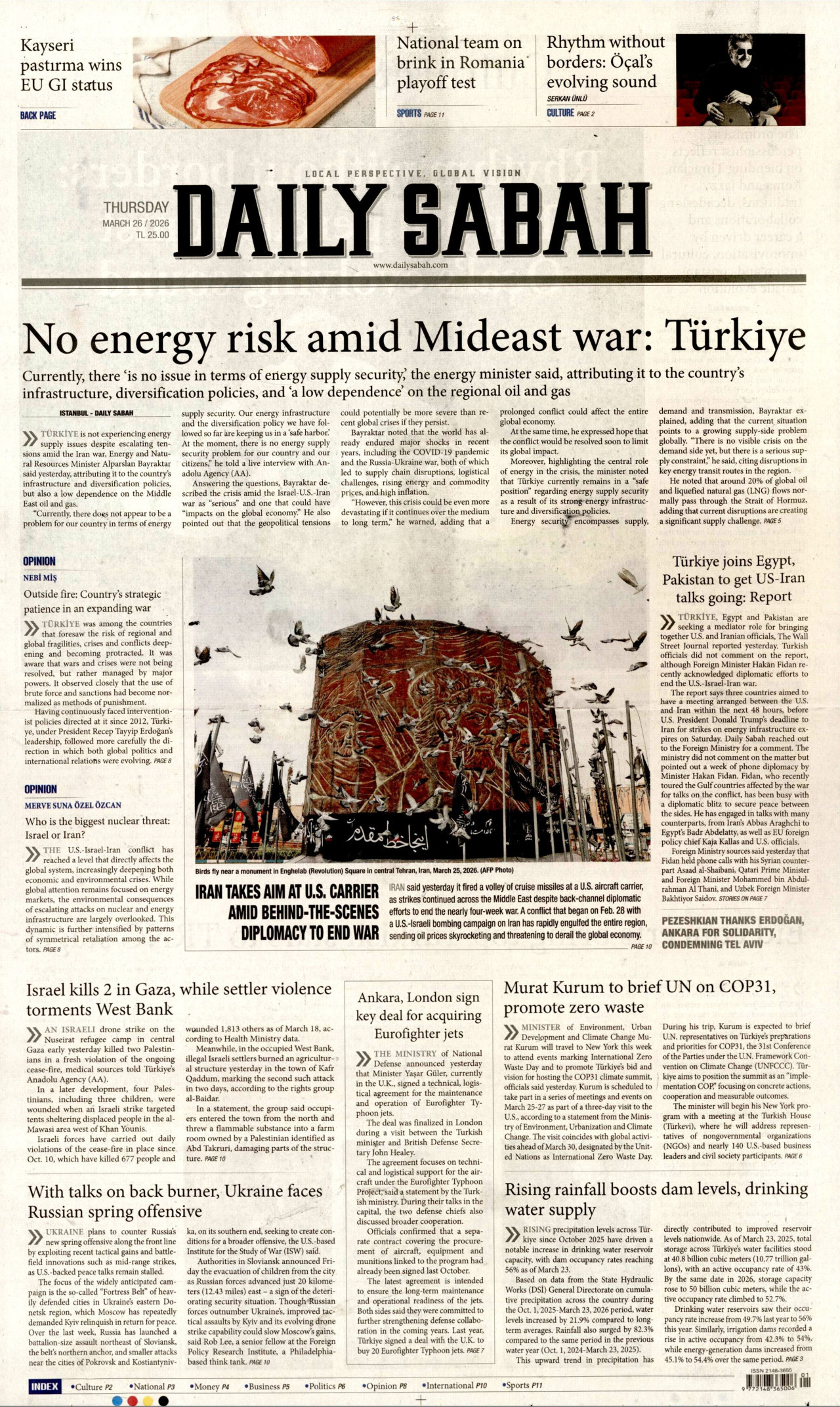 DAİLY SABAH gazetesinin 26 Mart 2026 tarihli birinci sayfası