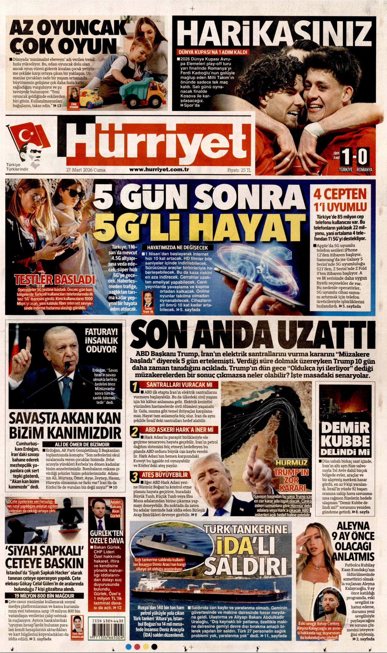 HÜRRİYET gazetesinin 27 Mart 2026 tarihli birinci sayfası