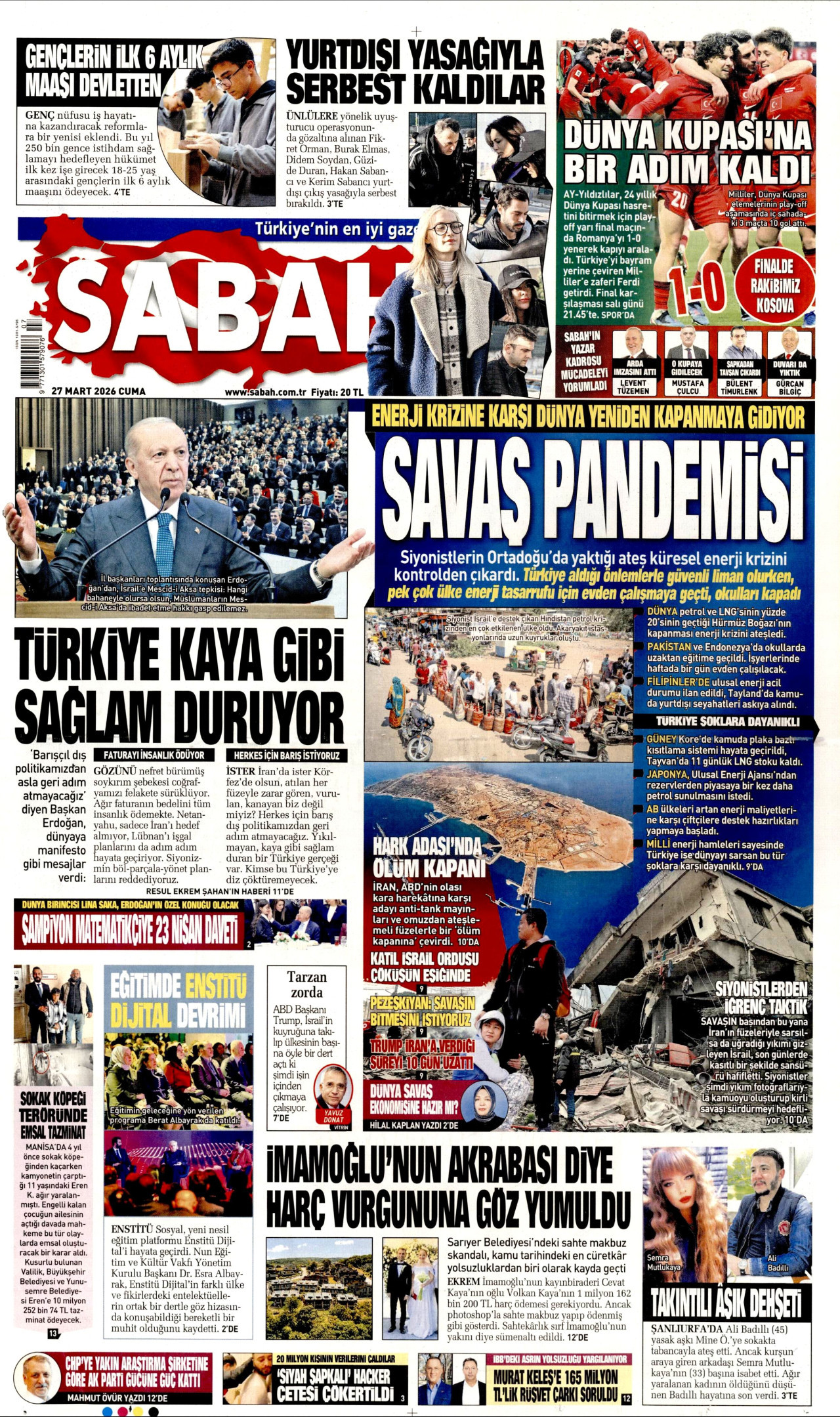 SABAH gazetesinin 27 Mart 2026 tarihli birinci sayfası
