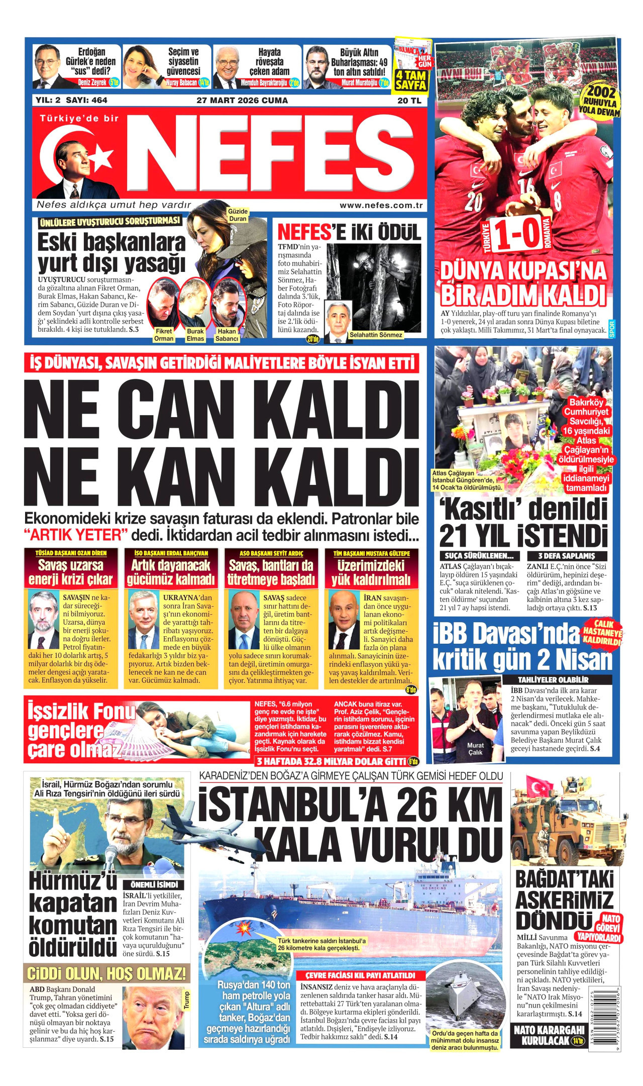 NEFES gazetesinin 27 Mart 2026 tarihli birinci sayfası