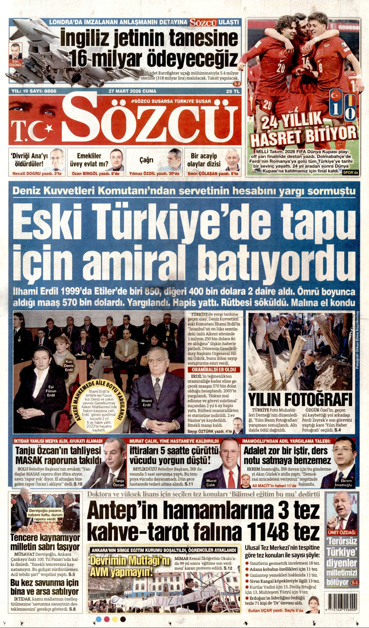 SÖZCÜ gazetesinin 27 Mart 2026 tarihli birinci sayfası