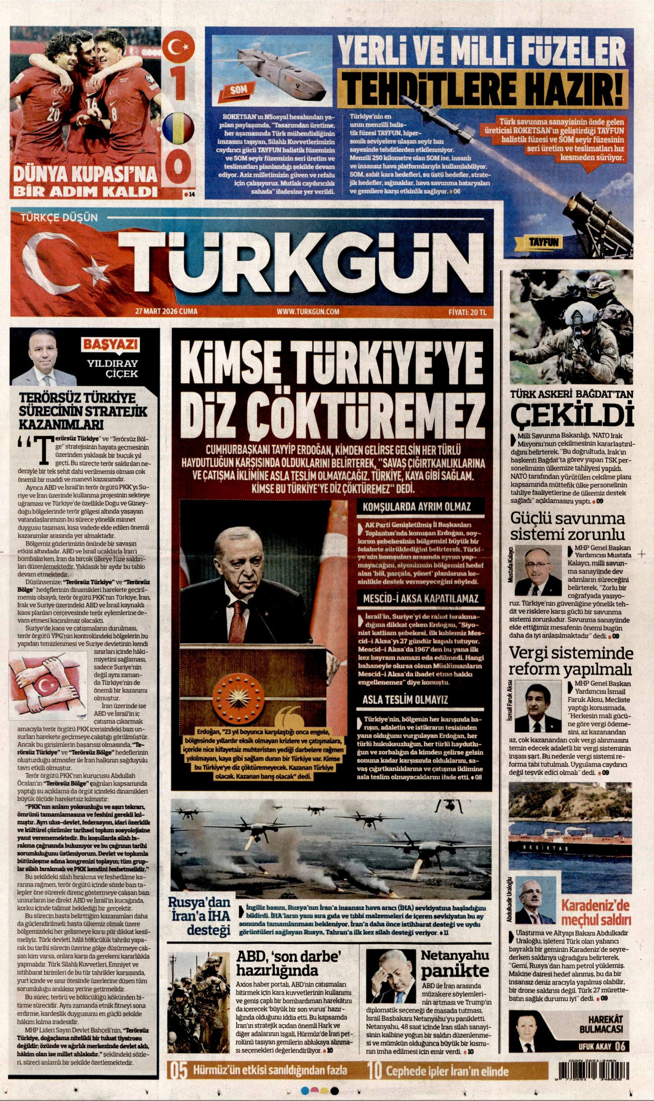 TÜRKGÜN gazetesinin 27 Mart 2026 tarihli birinci sayfası