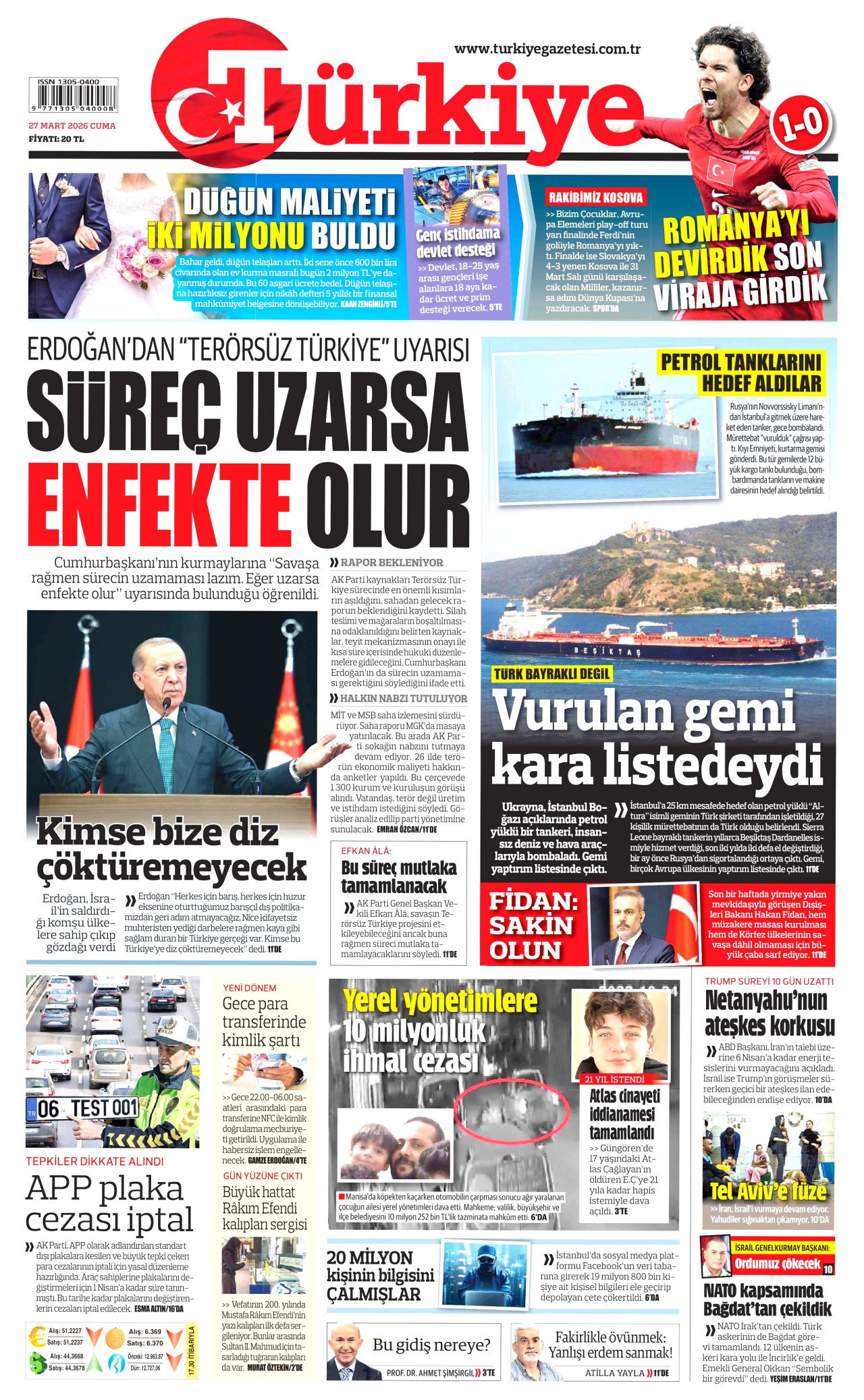 TÜRKİYE GAZETESİ gazetesinin 27 Mart 2026 tarihli birinci sayfası