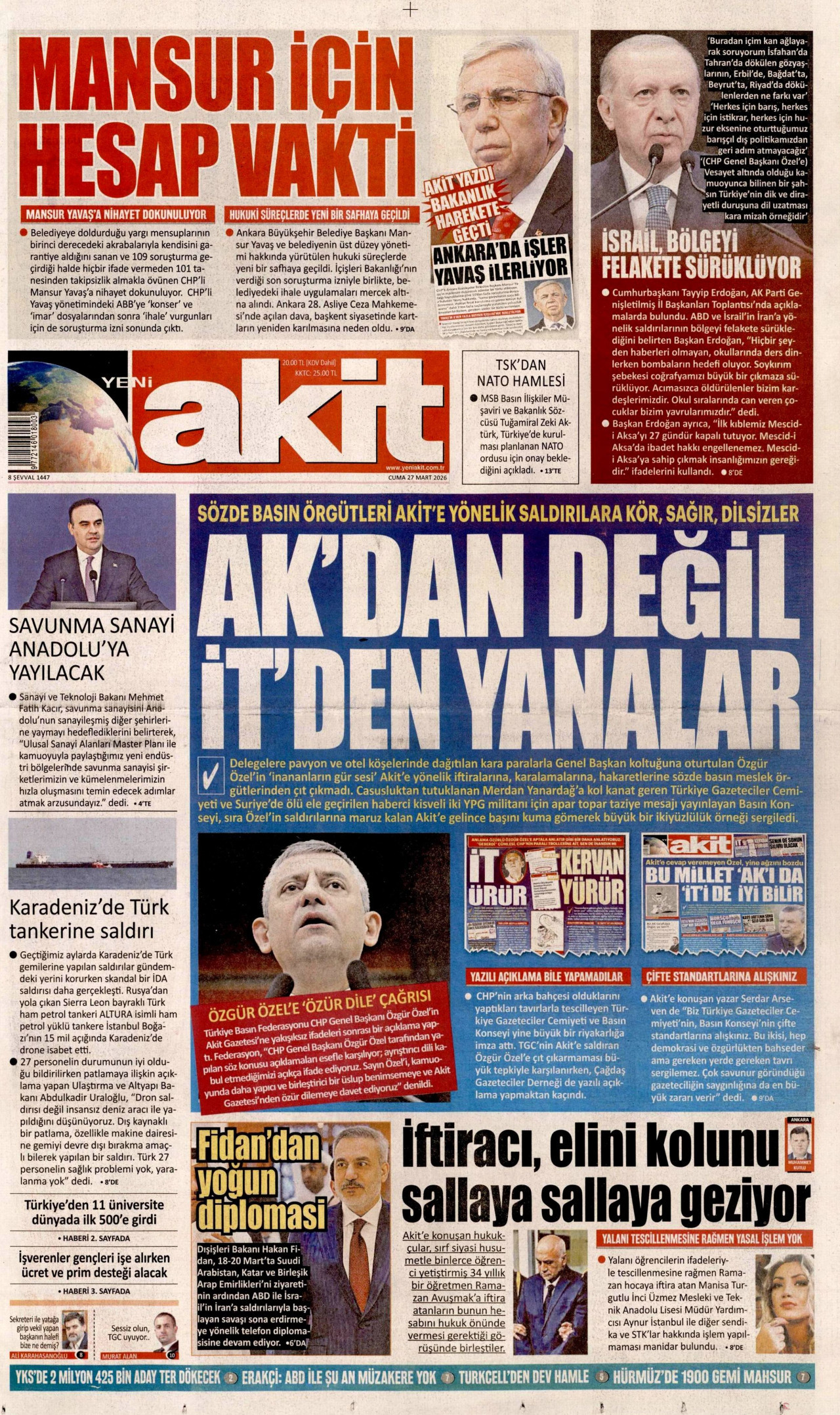 YENİ AKİT gazetesinin 27 Mart 2026 tarihli birinci sayfası