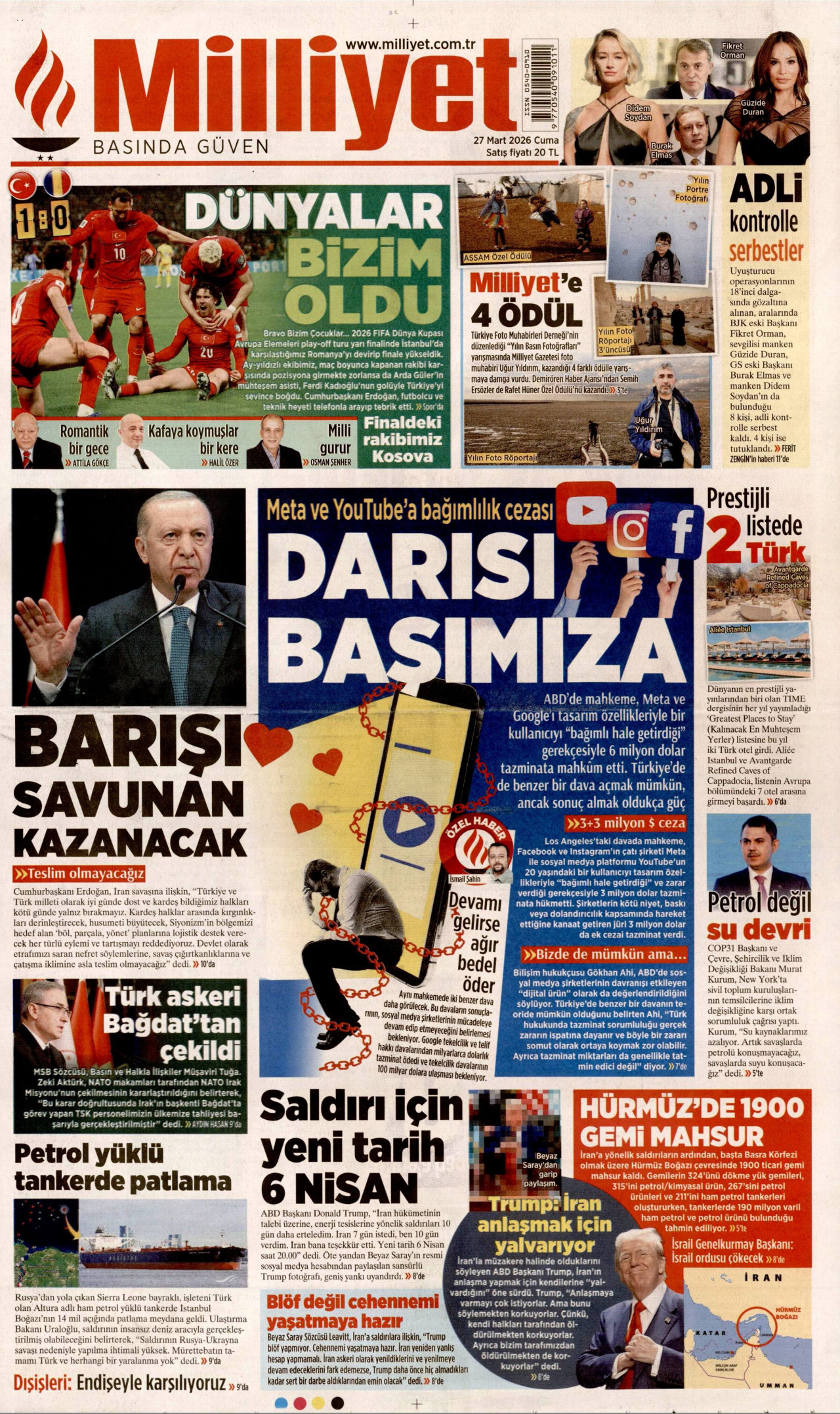 MİLLİYET gazetesinin 27 Mart 2026 tarihli birinci sayfası