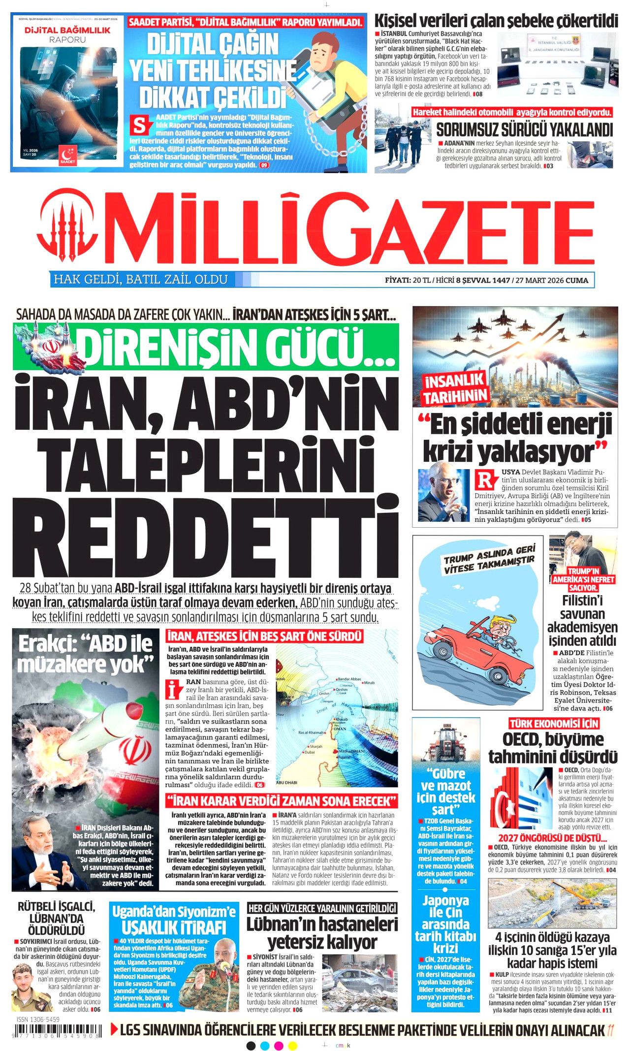 MİLLİ GAZETE gazetesinin 27 Mart 2026 tarihli birinci sayfası