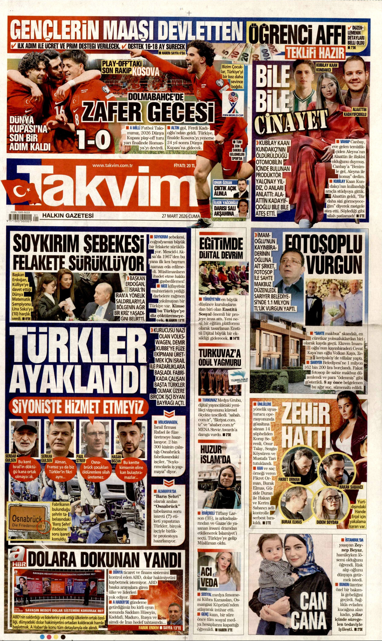 TAKVİM gazetesinin 27 Mart 2026 tarihli birinci sayfası