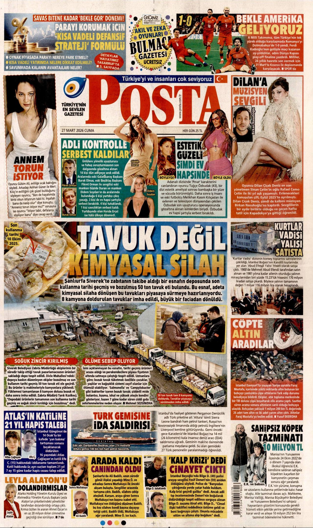 POSTA gazetesinin 27 Mart 2026 tarihli birinci sayfası