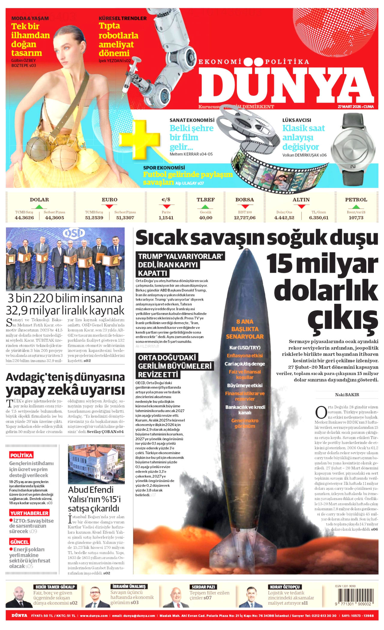 DÜNYA gazetesinin 27 Mart 2026 tarihli birinci sayfası
