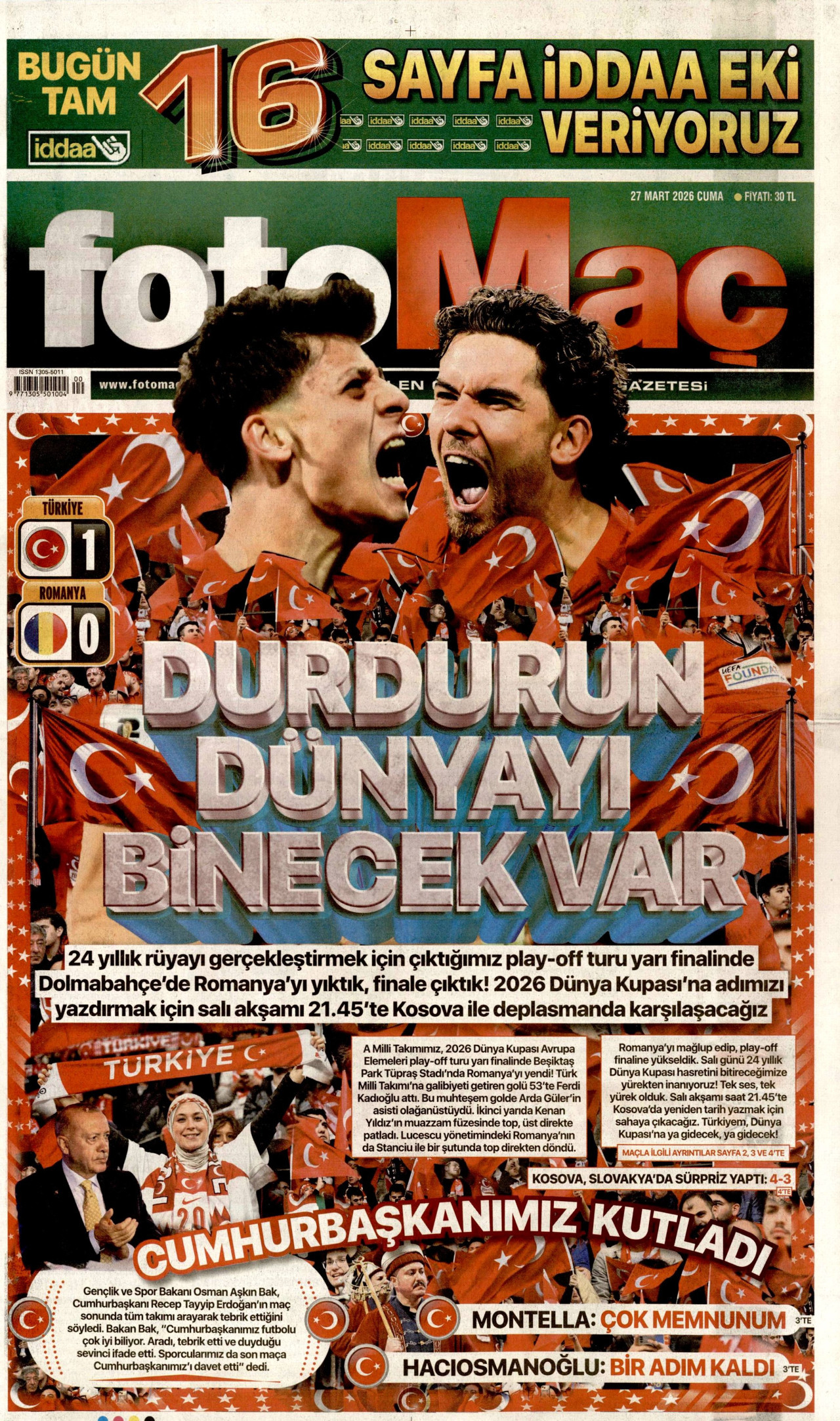 FOTOMAÇ gazetesinin 27 Mart 2026 tarihli birinci sayfası