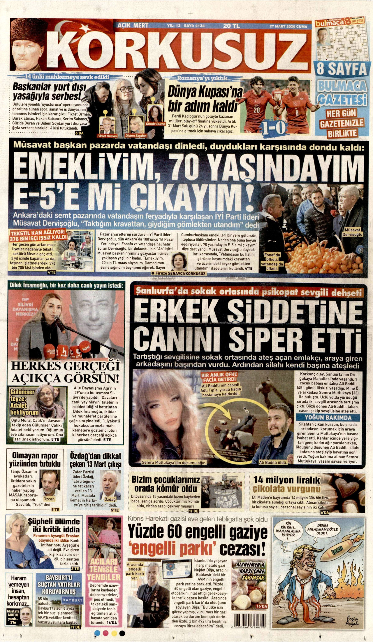 KORKUSUZ gazetesinin 27 Mart 2026 tarihli birinci sayfası