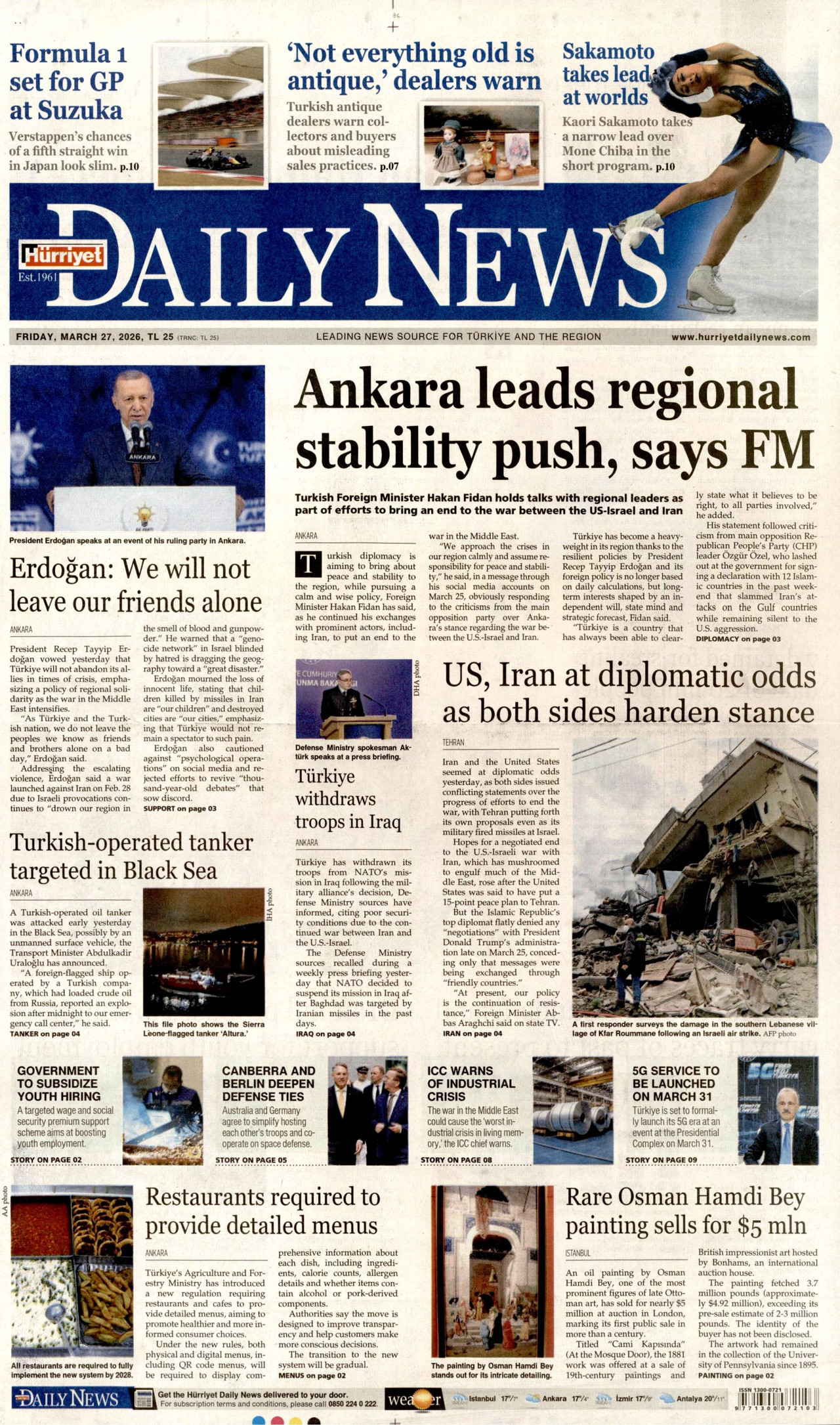 HÜRRİYET DAİLY NEWS gazetesinin 27 Mart 2026 tarihli birinci sayfası