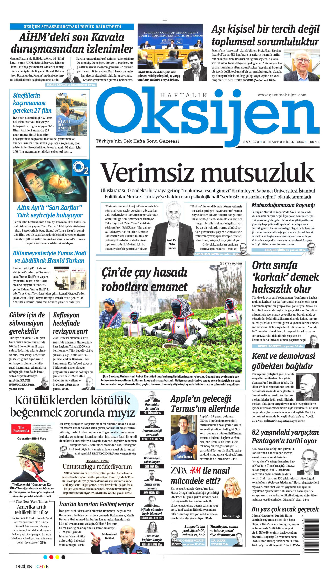 OKSİJEN gazetesinin 27 Mart 2026 tarihli birinci sayfası