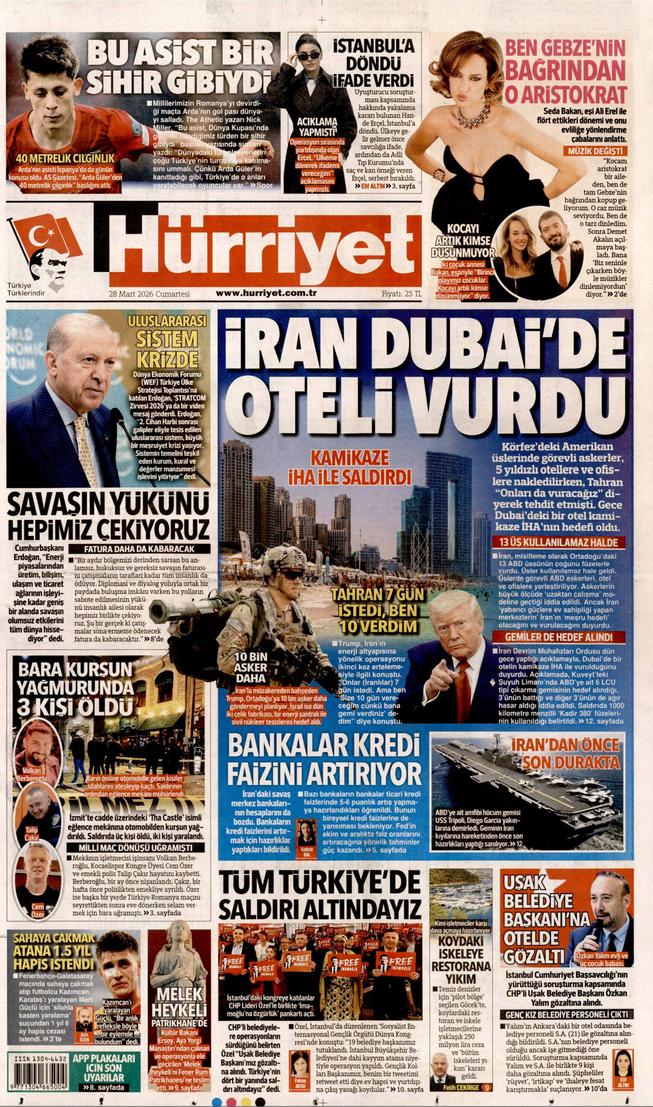 HÜRRİYET gazetesinin 28 Mart 2026 tarihli birinci sayfası