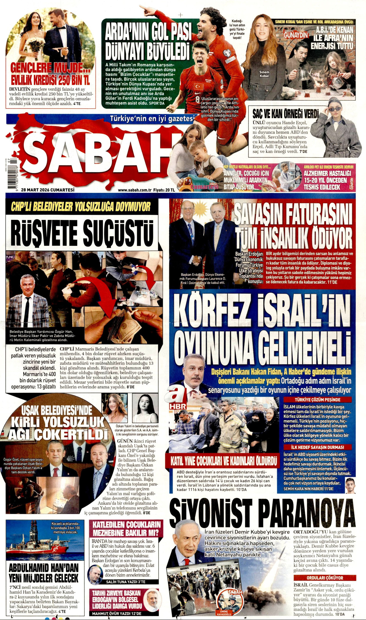 SABAH gazetesinin 28 Mart 2026 tarihli birinci sayfası