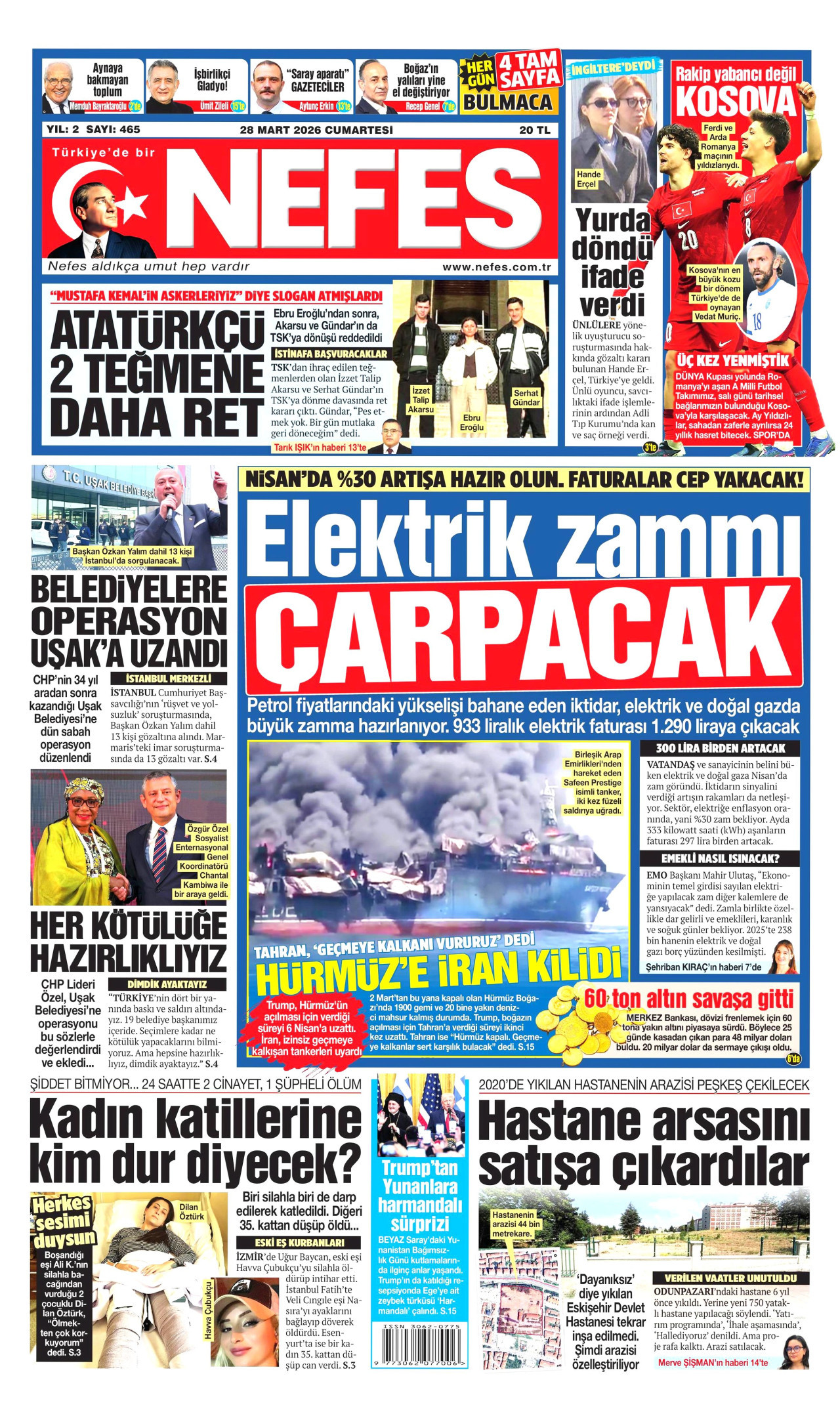 NEFES gazetesinin 28 Mart 2026 tarihli birinci sayfası