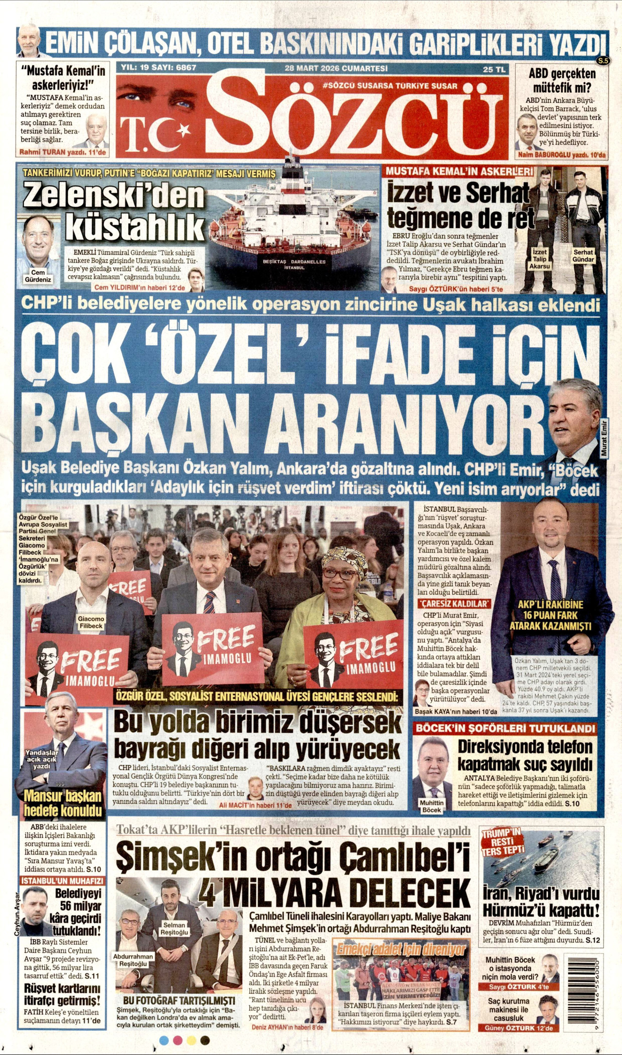 SÖZCÜ gazetesinin 28 Mart 2026 tarihli birinci sayfası