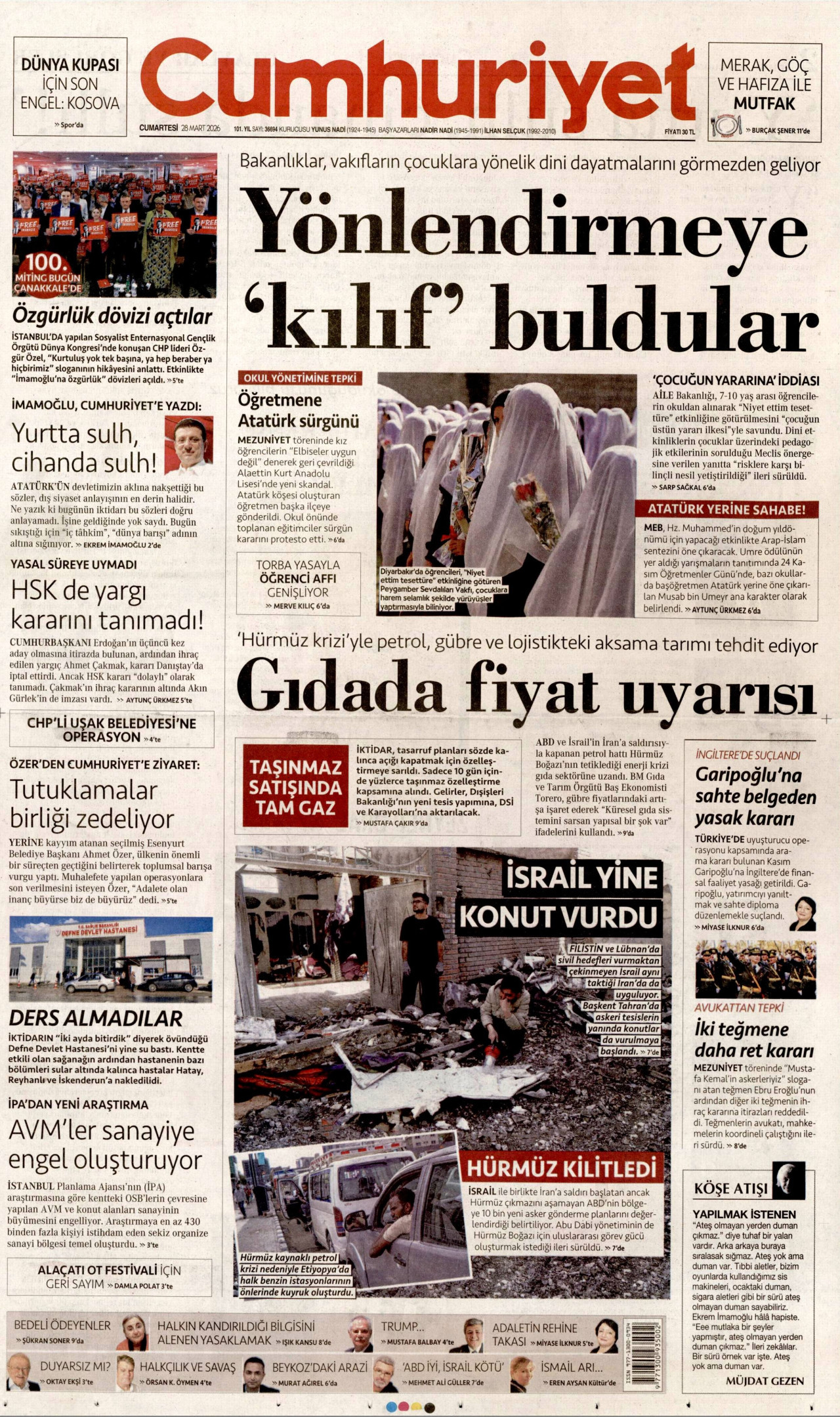 CUMHURİYET gazetesinin 28 Mart 2026 tarihli birinci sayfası